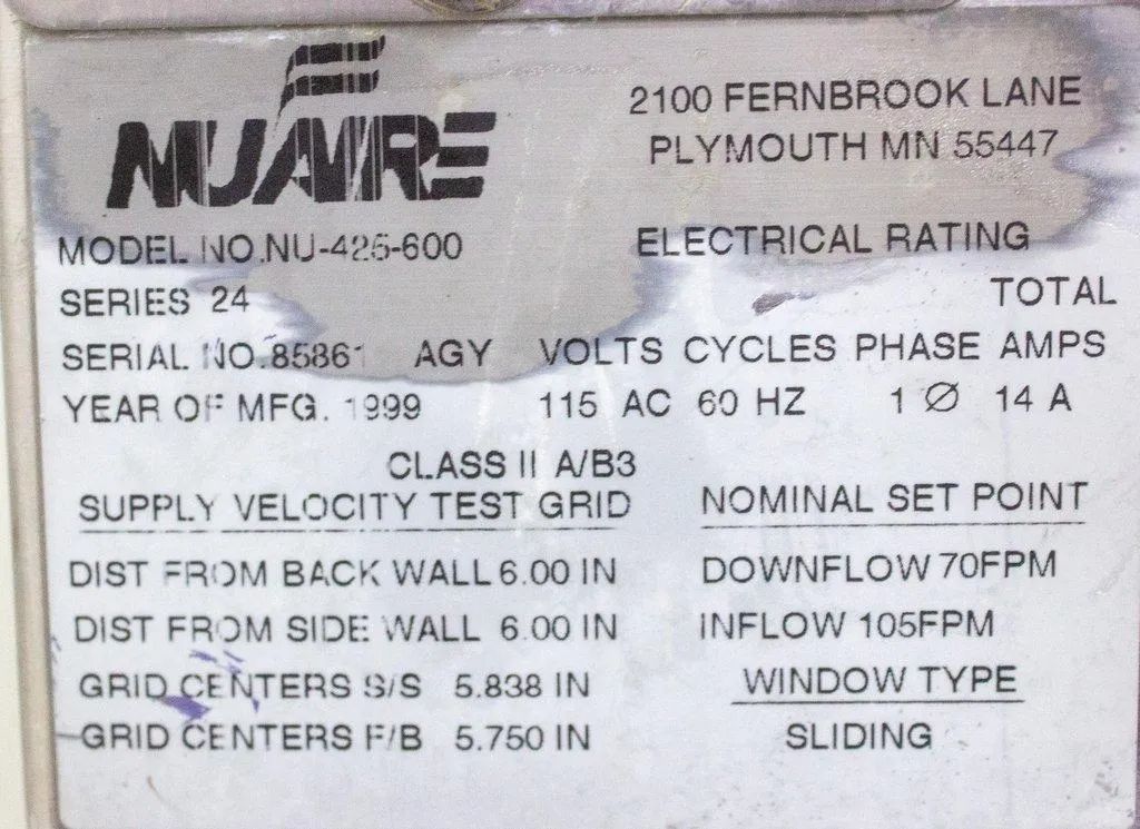 NuAire NU-425-600 Class II Type A/B3 with Motorized Stand Preowned Laboratory Equipment