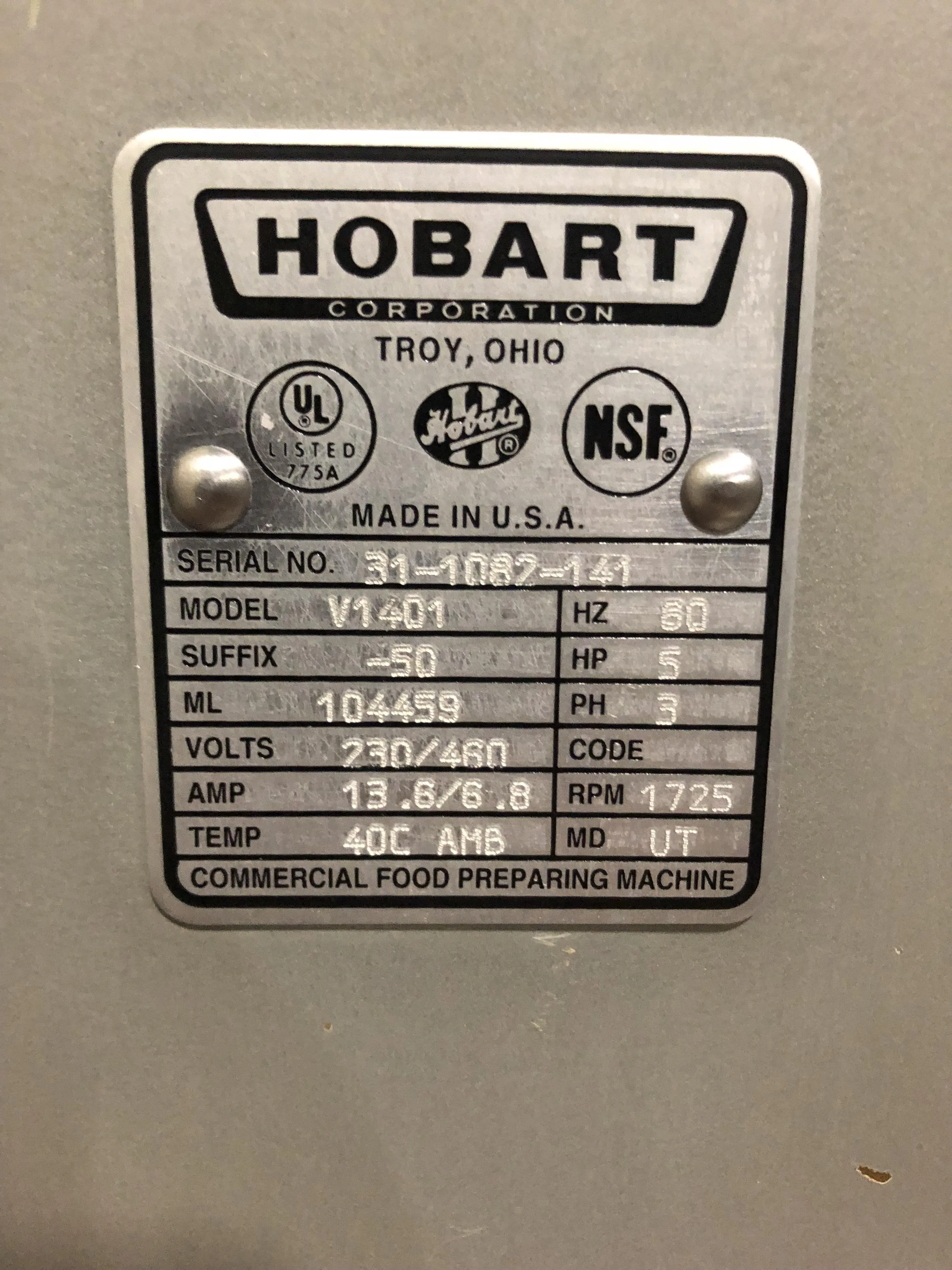 Hobart V1401 140-Quart Mixer with 5 H.P. Fixed Speed Motor