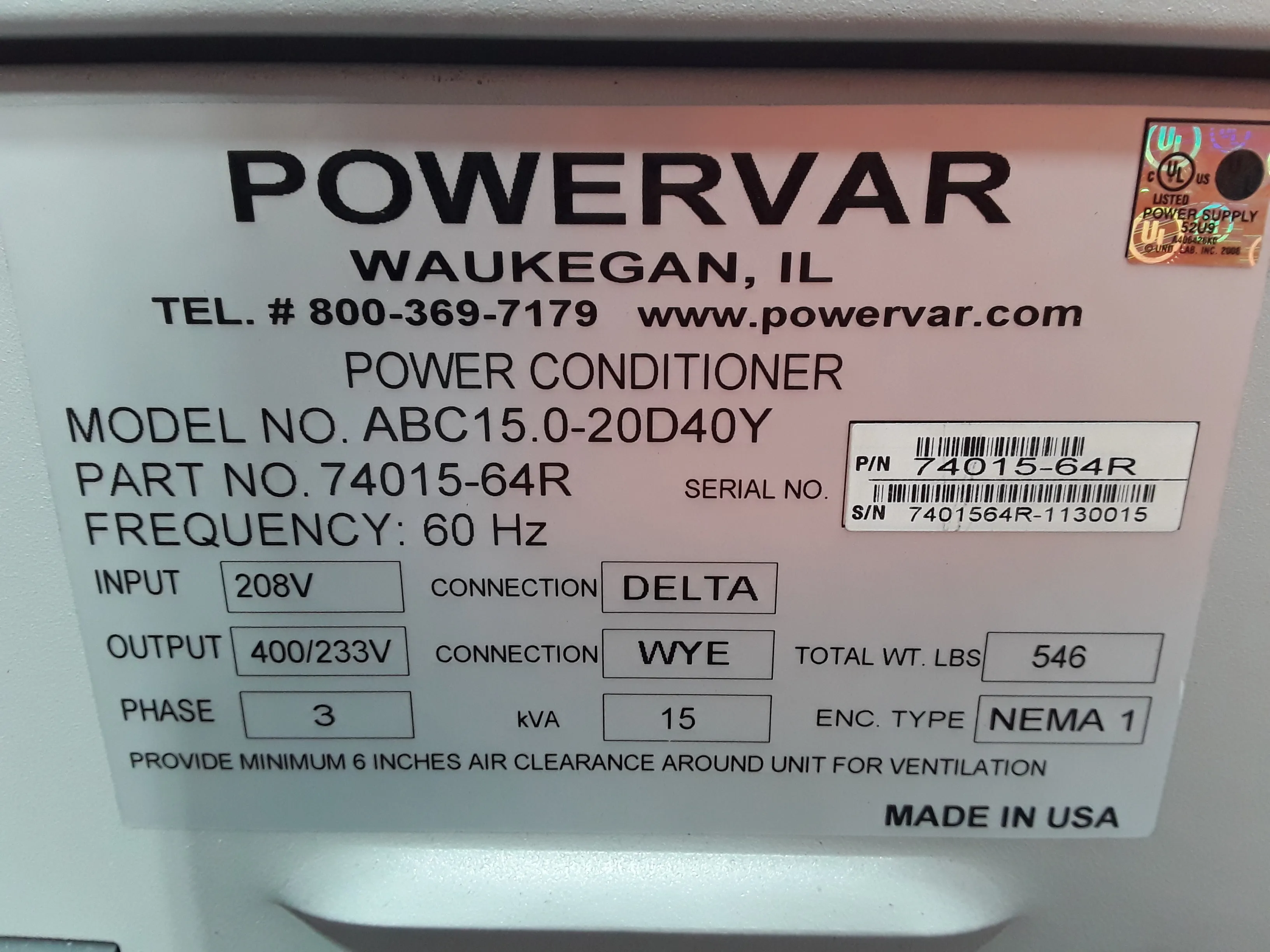 Powervar Series 2000 GPI Global Power Interface Model ABC 15.0-20D40Y