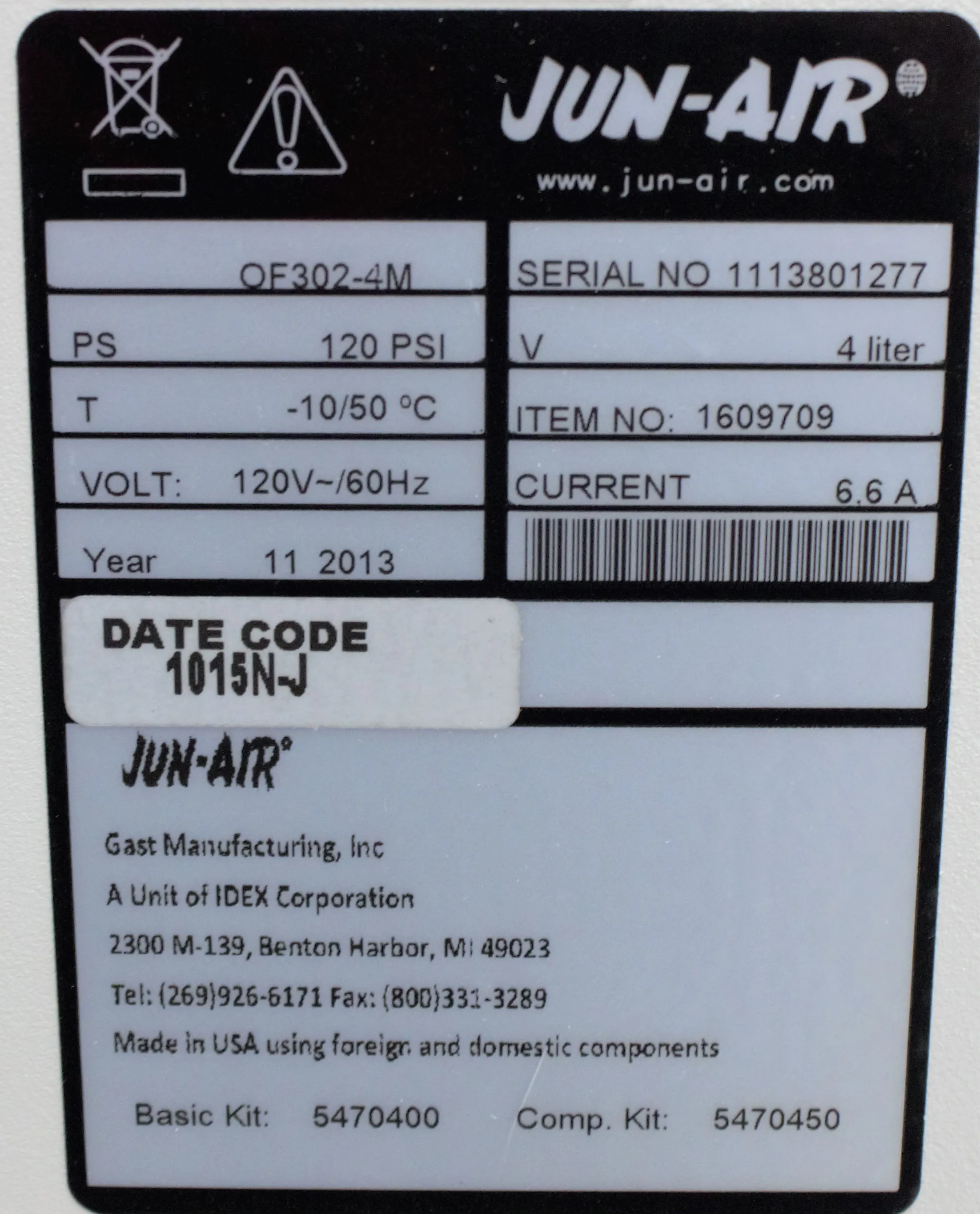 Jun-Air OF302-4M Oil-Less Rocking Piston Air Compressor Cabinet Unit with Integrated Filtration