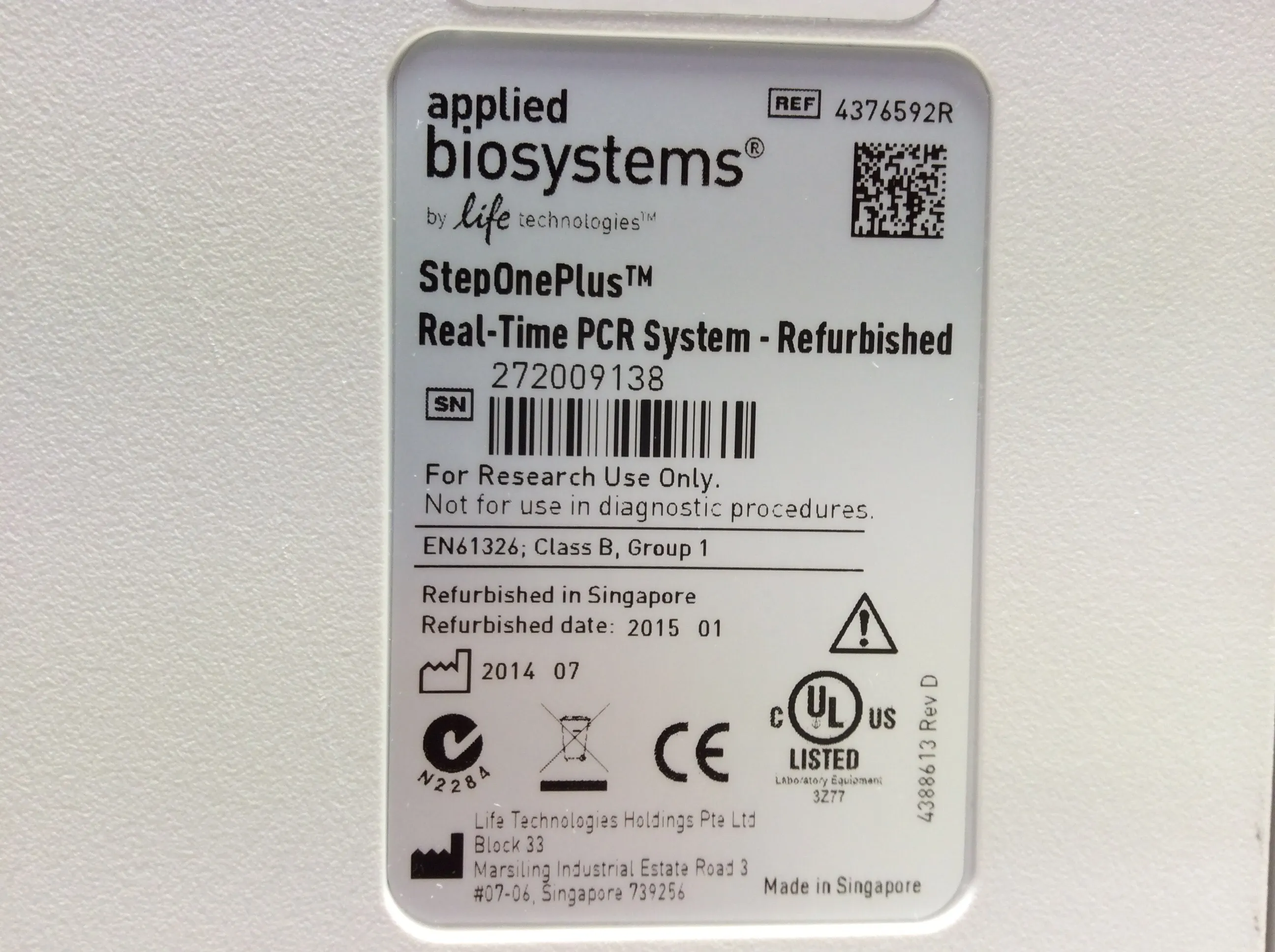 Applied Biosystems StepOne Plus Real-Time PCR System 96-well Gold 4376592R