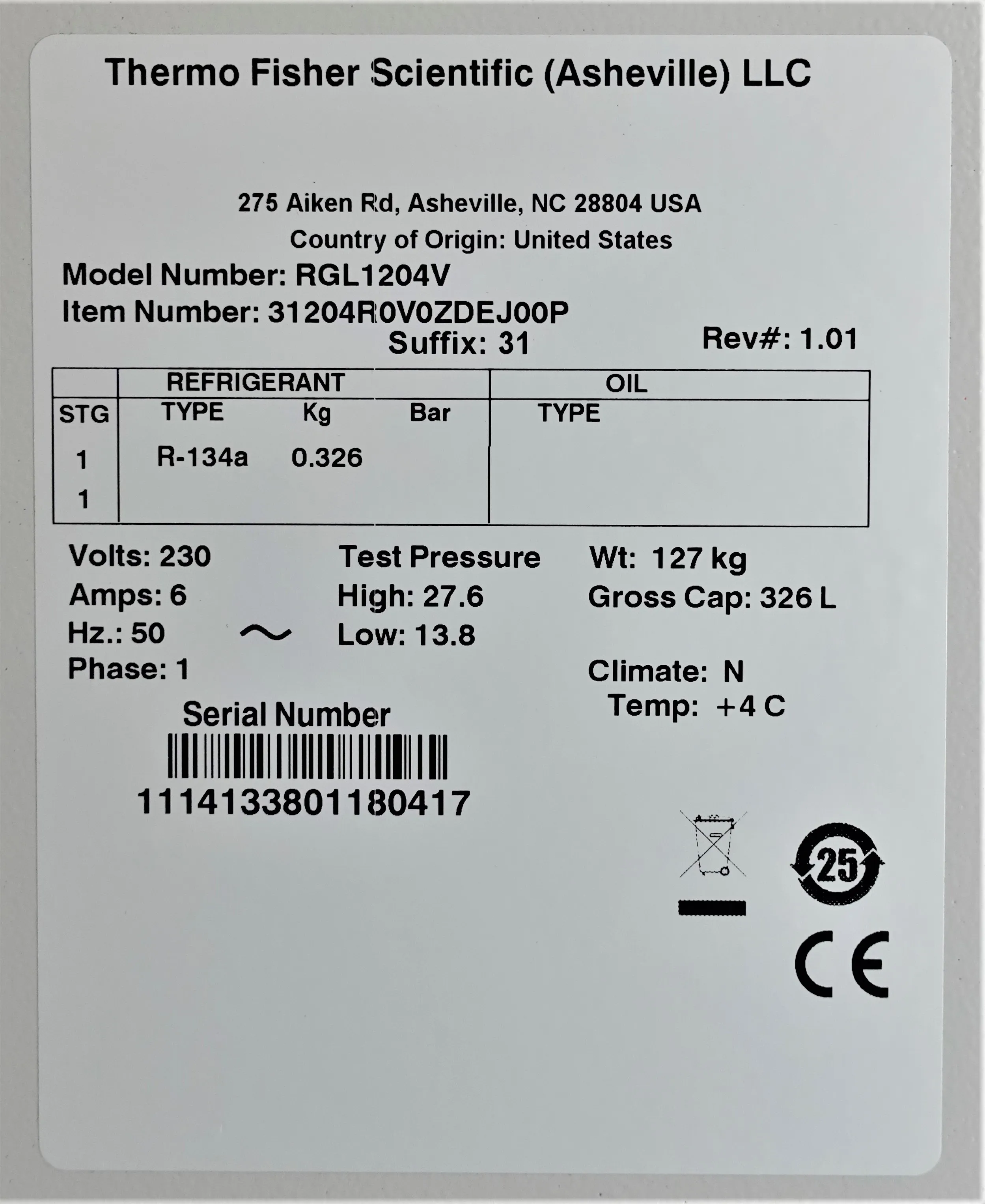 Thermo Scientific Revco RGL1204W Lab Refrigerator with Glass Door