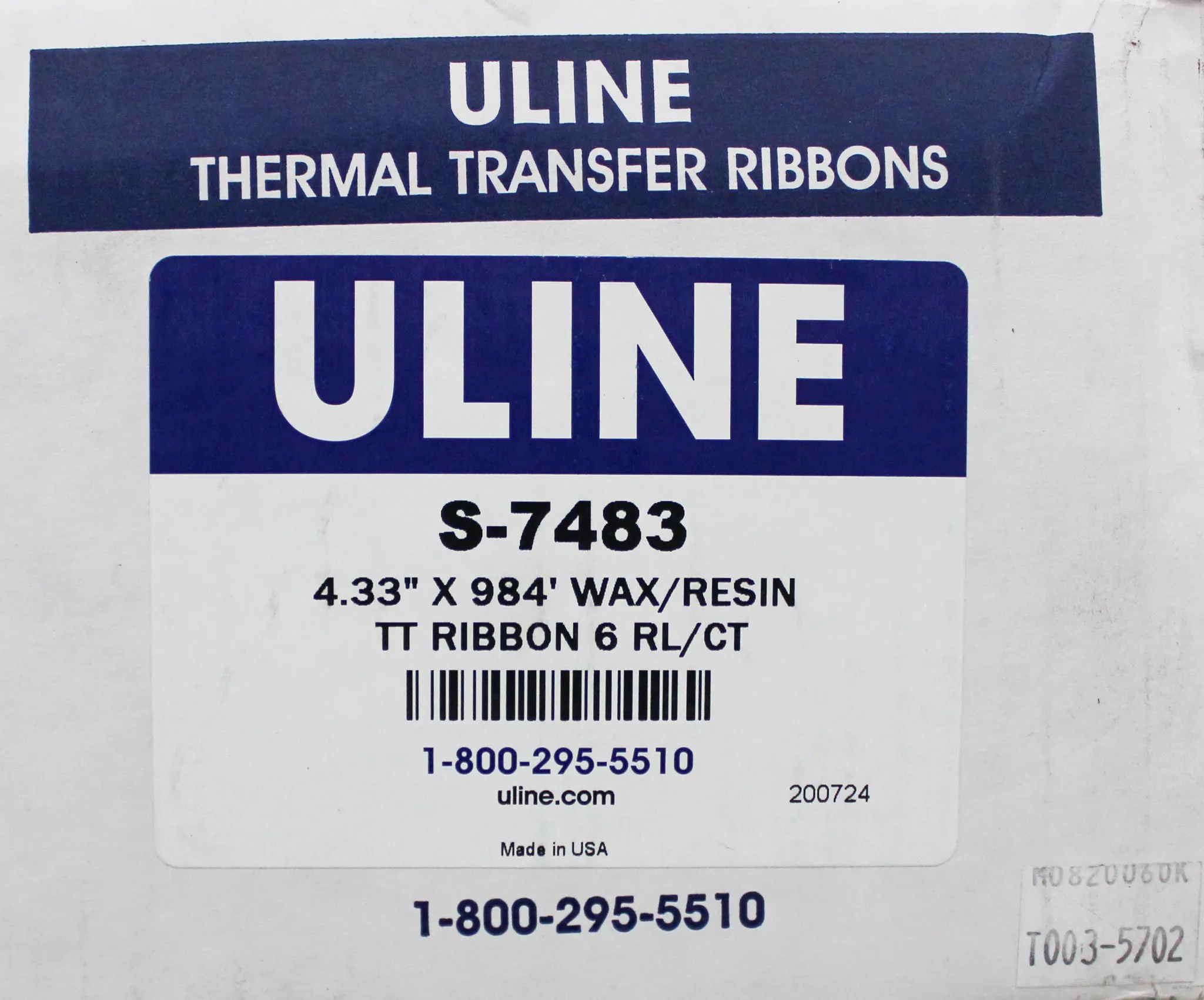 Uline Trans Ribbon 6 Roll per box S-7483/ S-6258/ S-6259 Industrial Thermal Transfer Ribbons - Wax, 4.33" x 984'