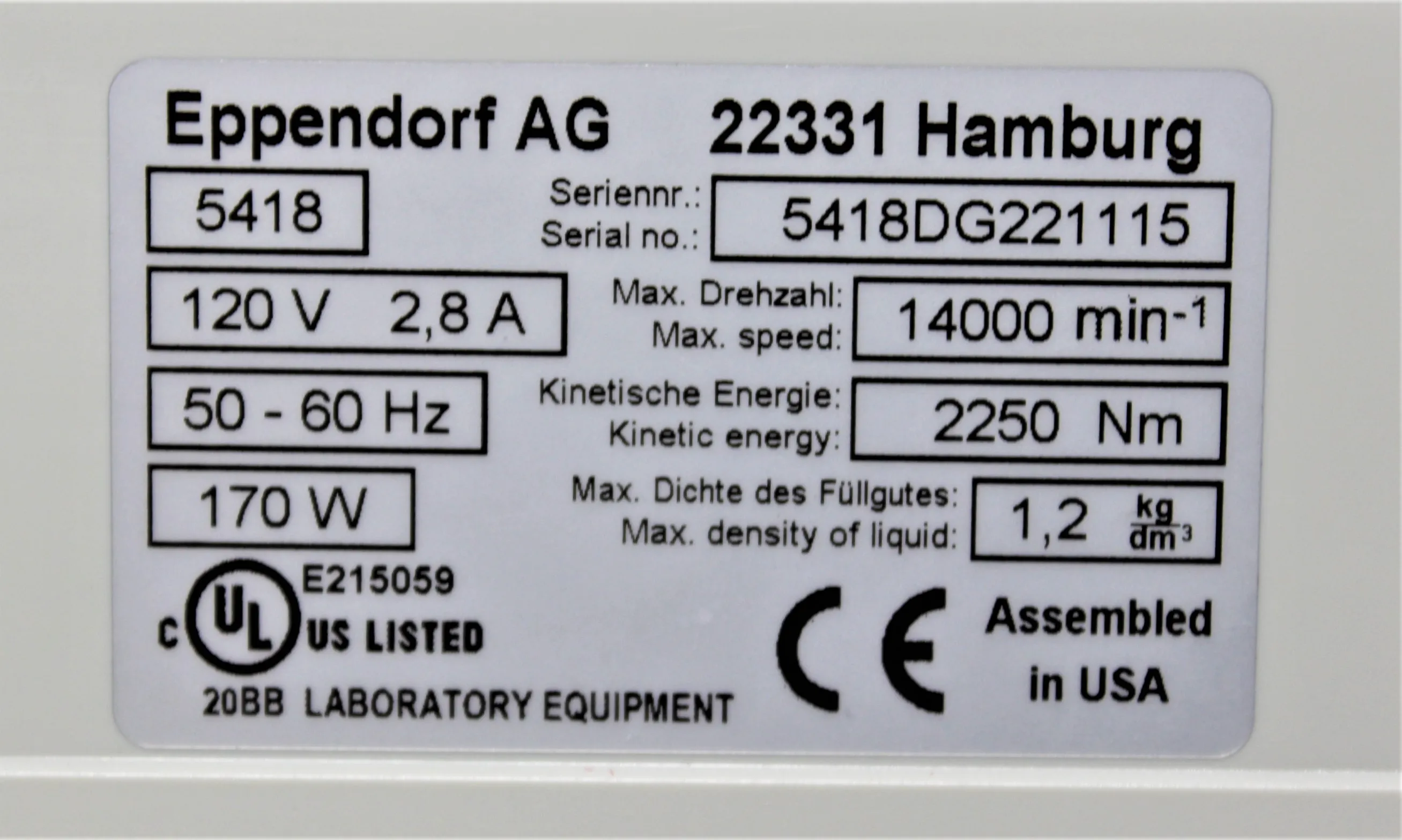 Eppendorf Microcentrifuge Model 5418 Class 1 Used Centrifuge