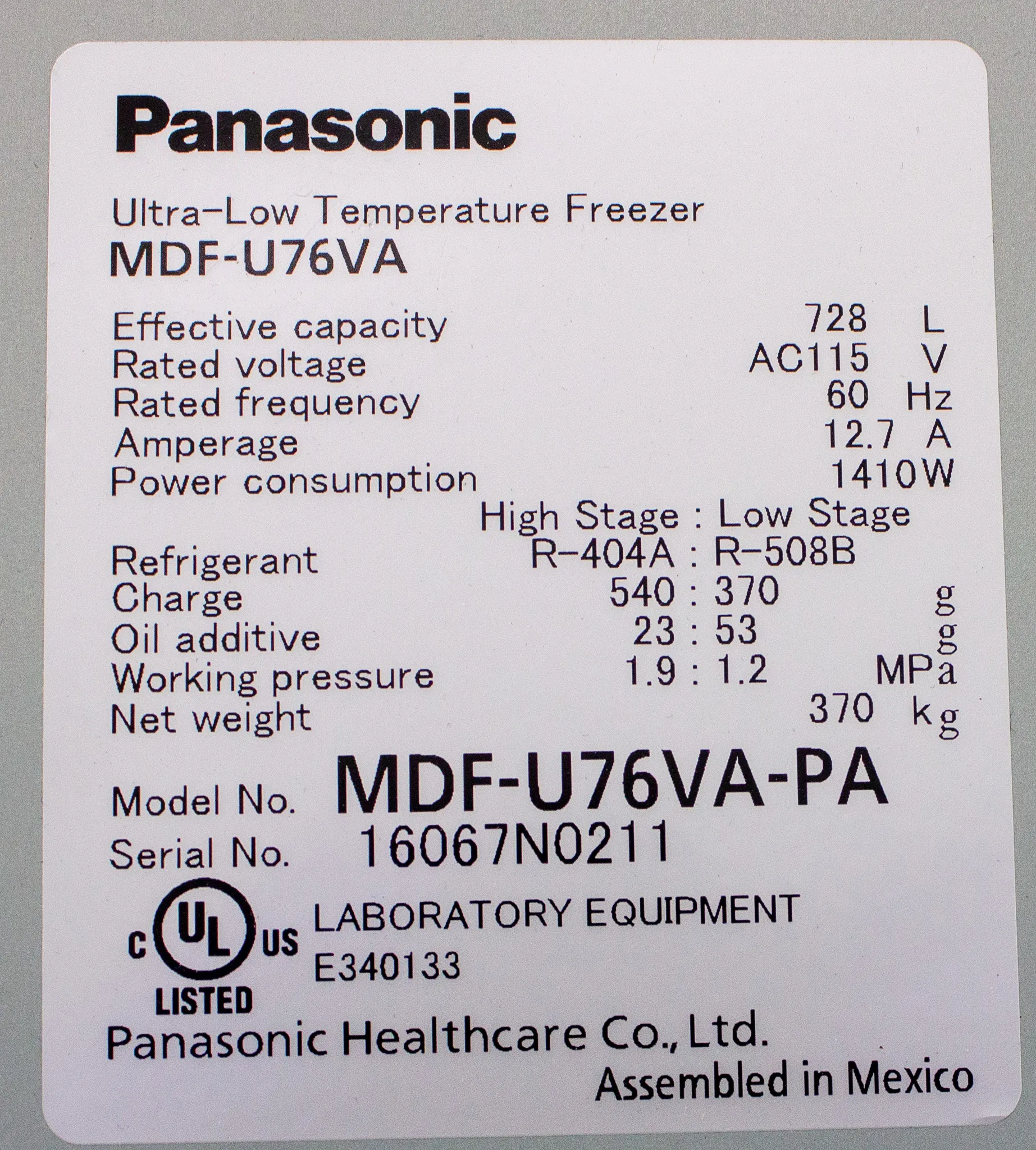 Panasonic VIP Plus Series MDF-U76VA-PA Ultra Low Temperature Freezer