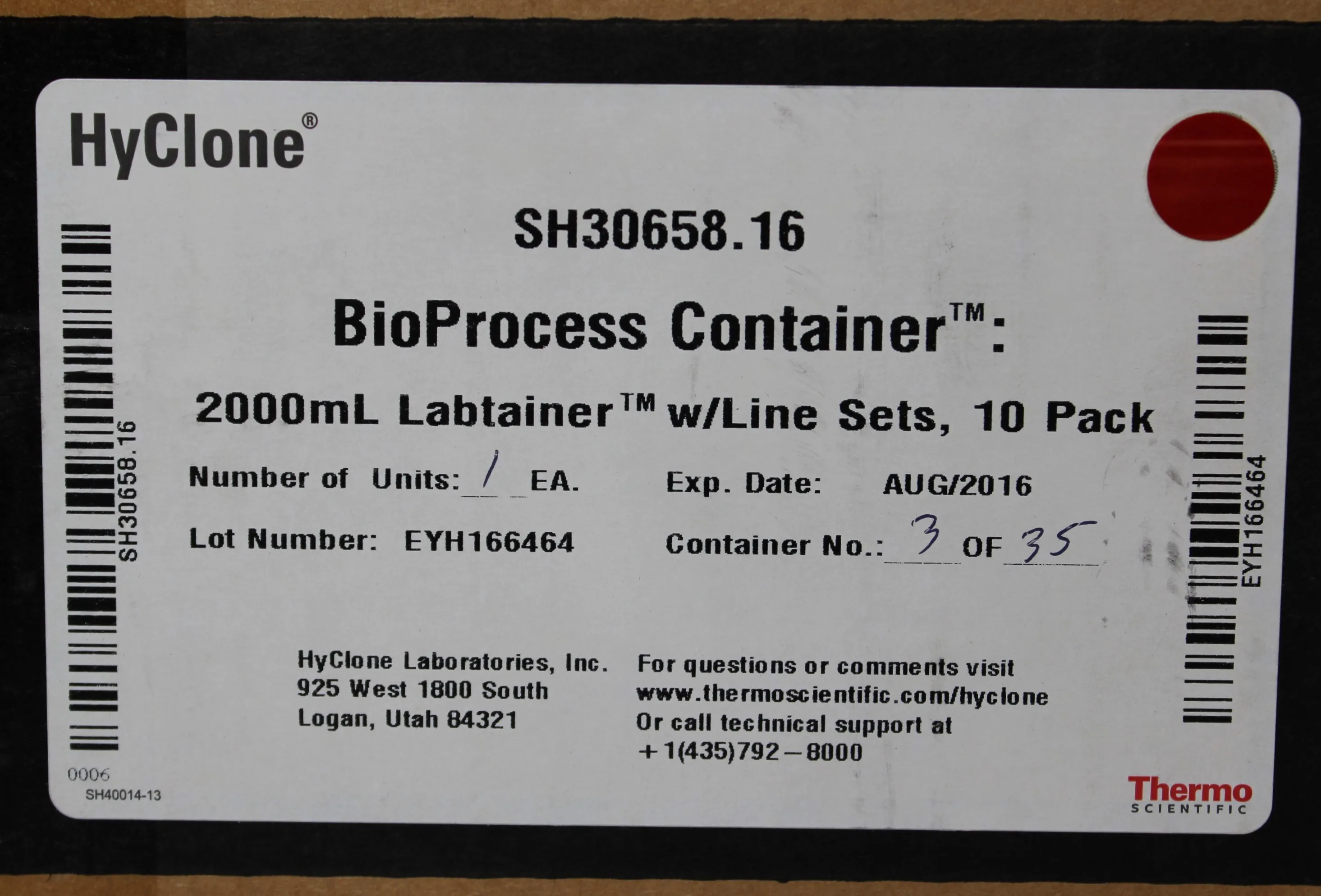 Thermo Scientific Hyclone BioProcess Container 2000mL Labtainer SH30658.16