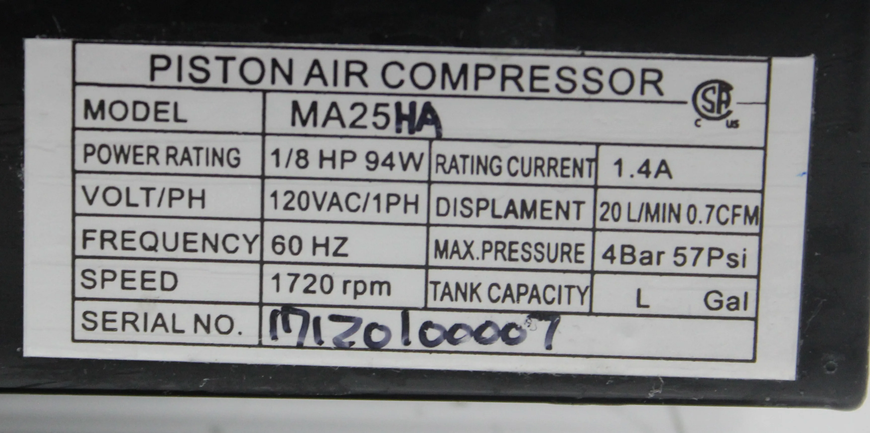 Used Piston Air Compressor MA25HA 120V 60Hz US 4 Bar 57 Psi