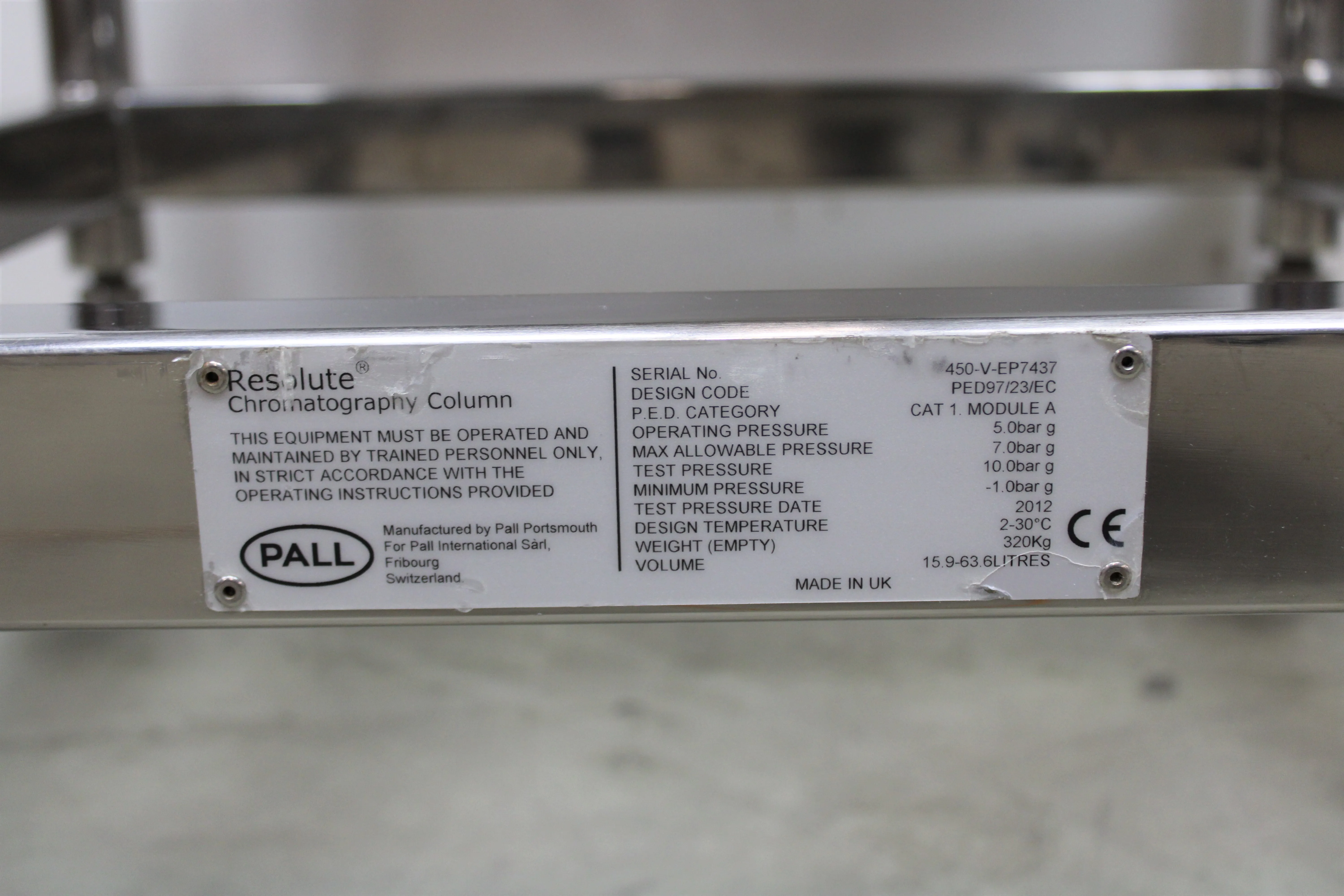 PALL PED 97/23/EC Chromatography Column Model: PED 97/23/EC