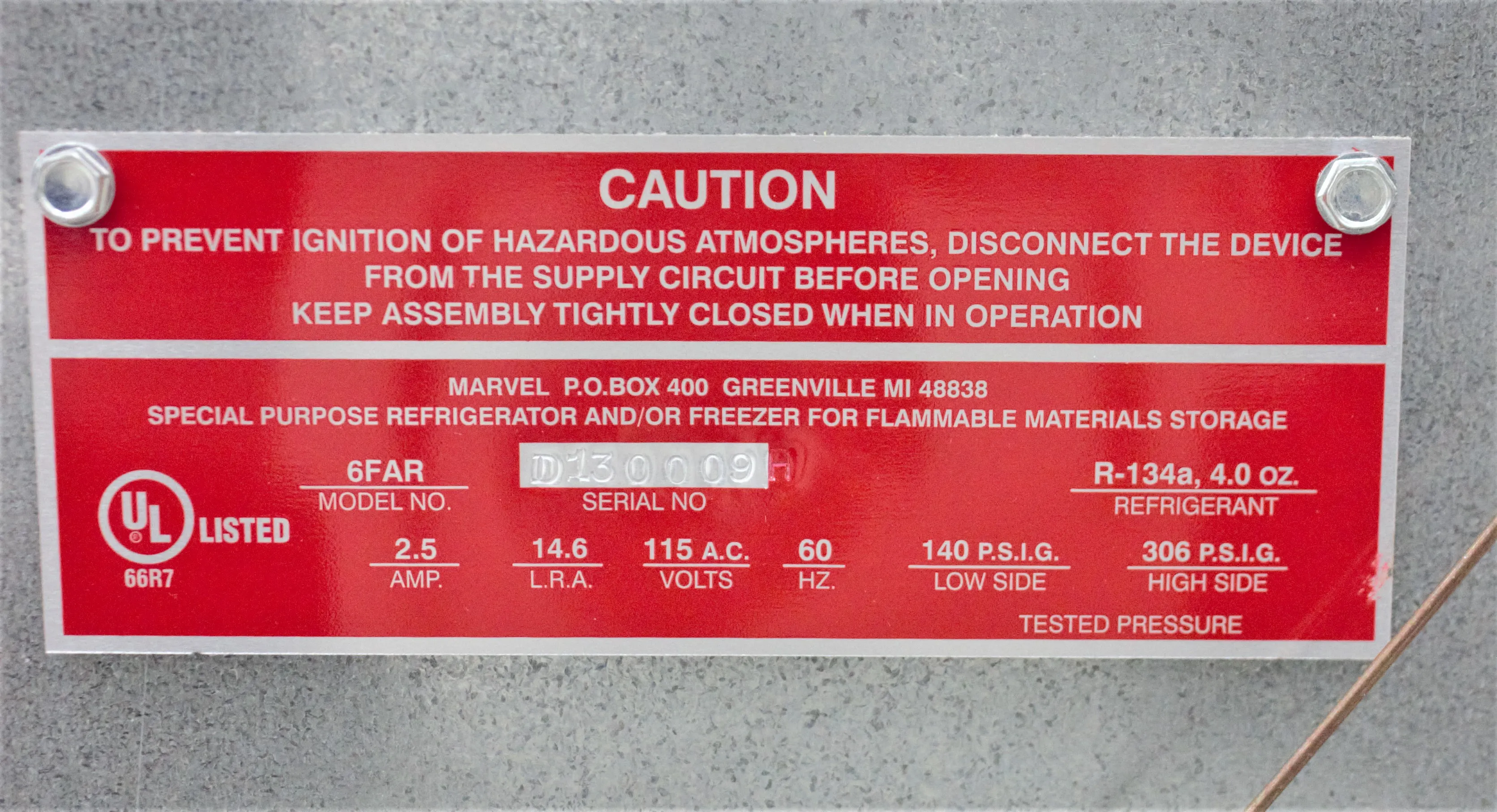 Marvel Scientific Under-Counter Flammable Material Refrigerator