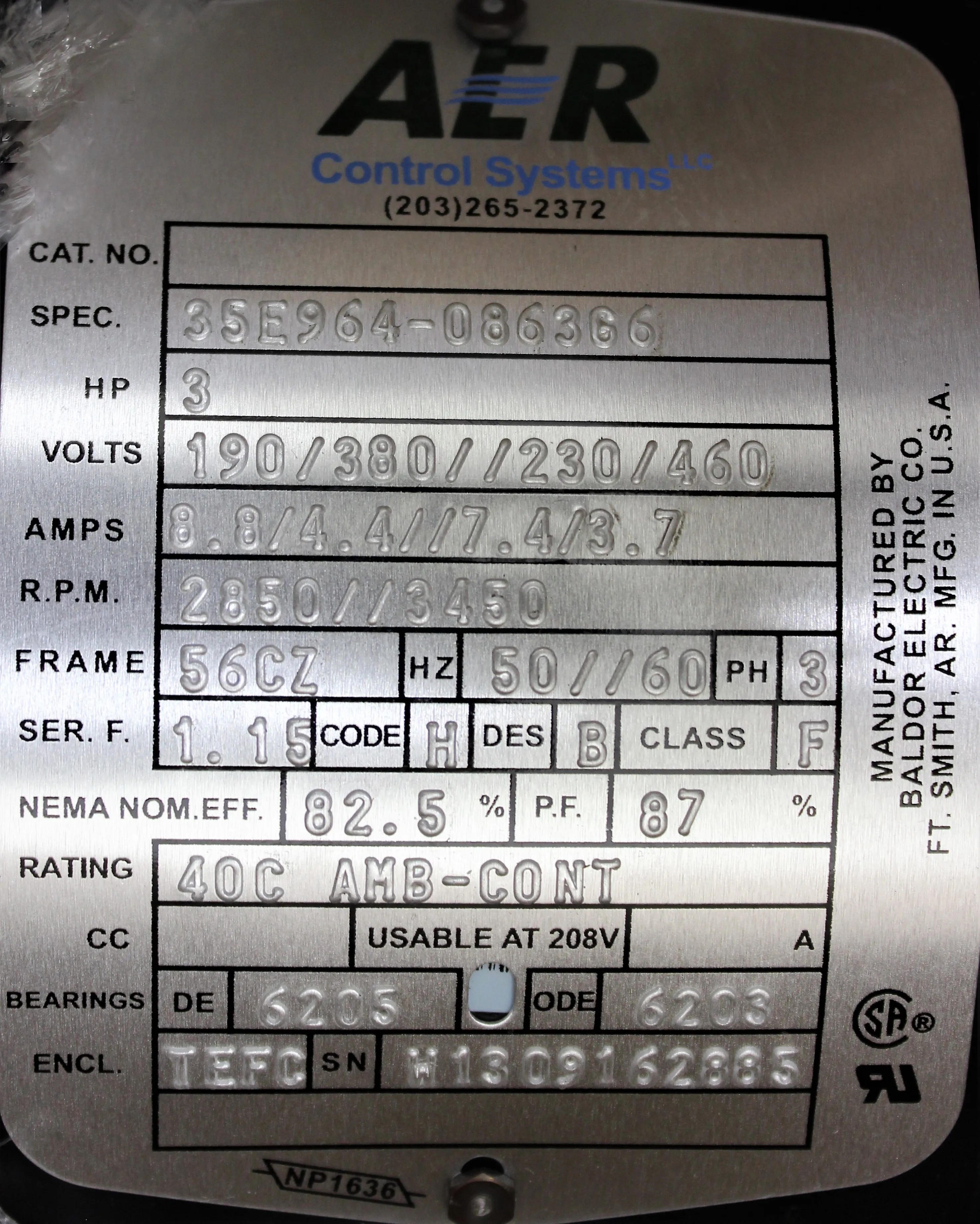 Baldor 35E964-0863G6 AER Control Systems Motor 3HP