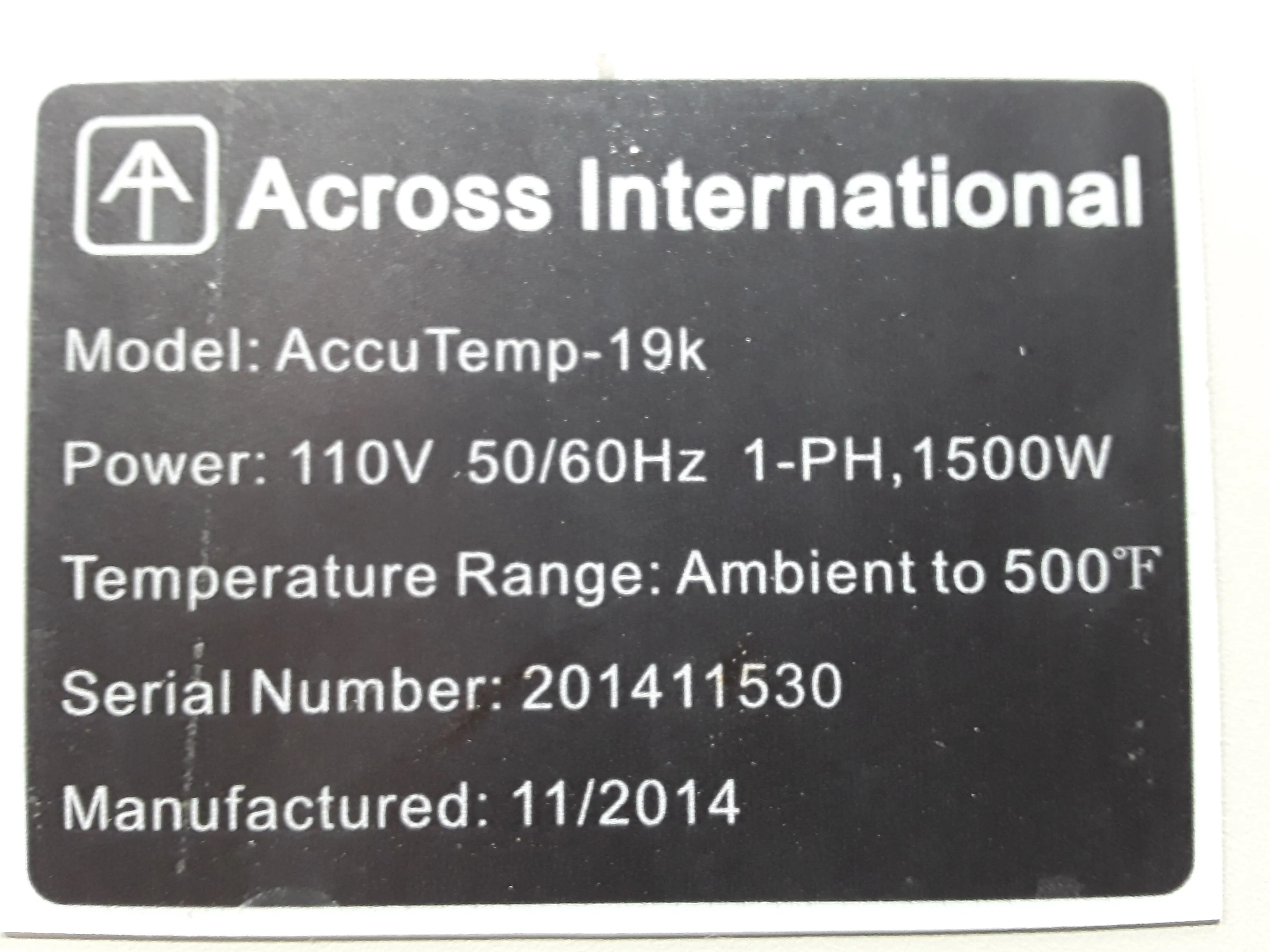 Across International Vacuum Oven AccuTemp-19K 120V 50/60Hz 1-PH 1500W Ambient to 500F Degrees