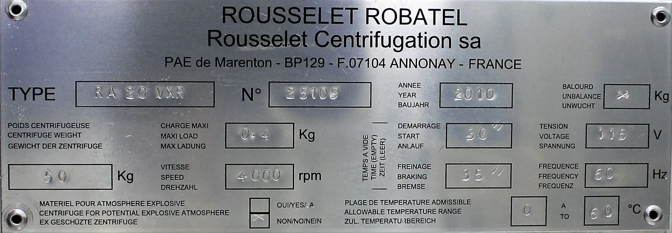 ROUSSELET ROBATEL RA 20 VXR Vertical Centrifuge