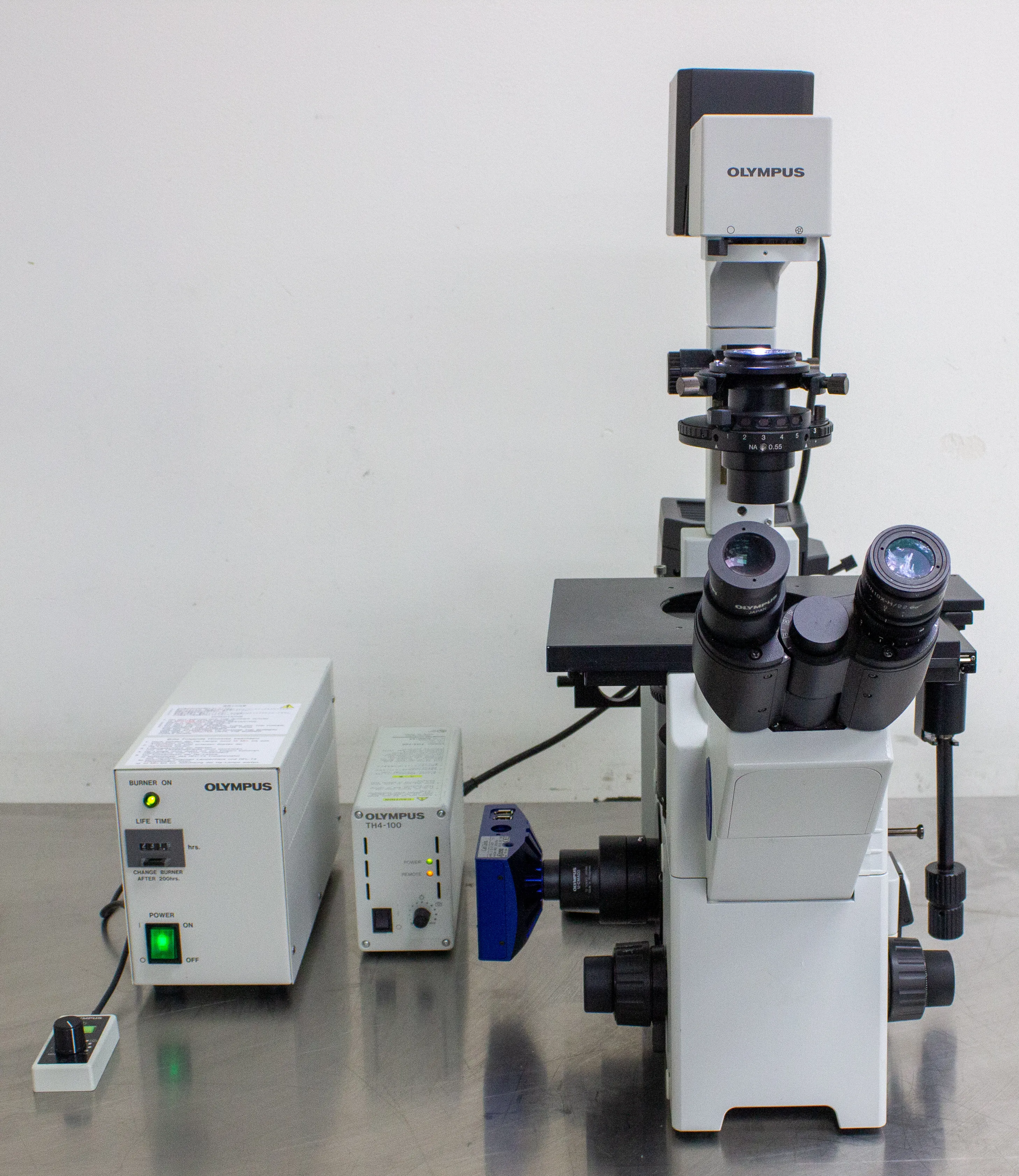 Olympus IX51 Inverted Fluorescence Microscope IX2-ILL100 with TH4-100 External Power Supply and BH2-RFL-T3 Power Supply for Mercury Burner