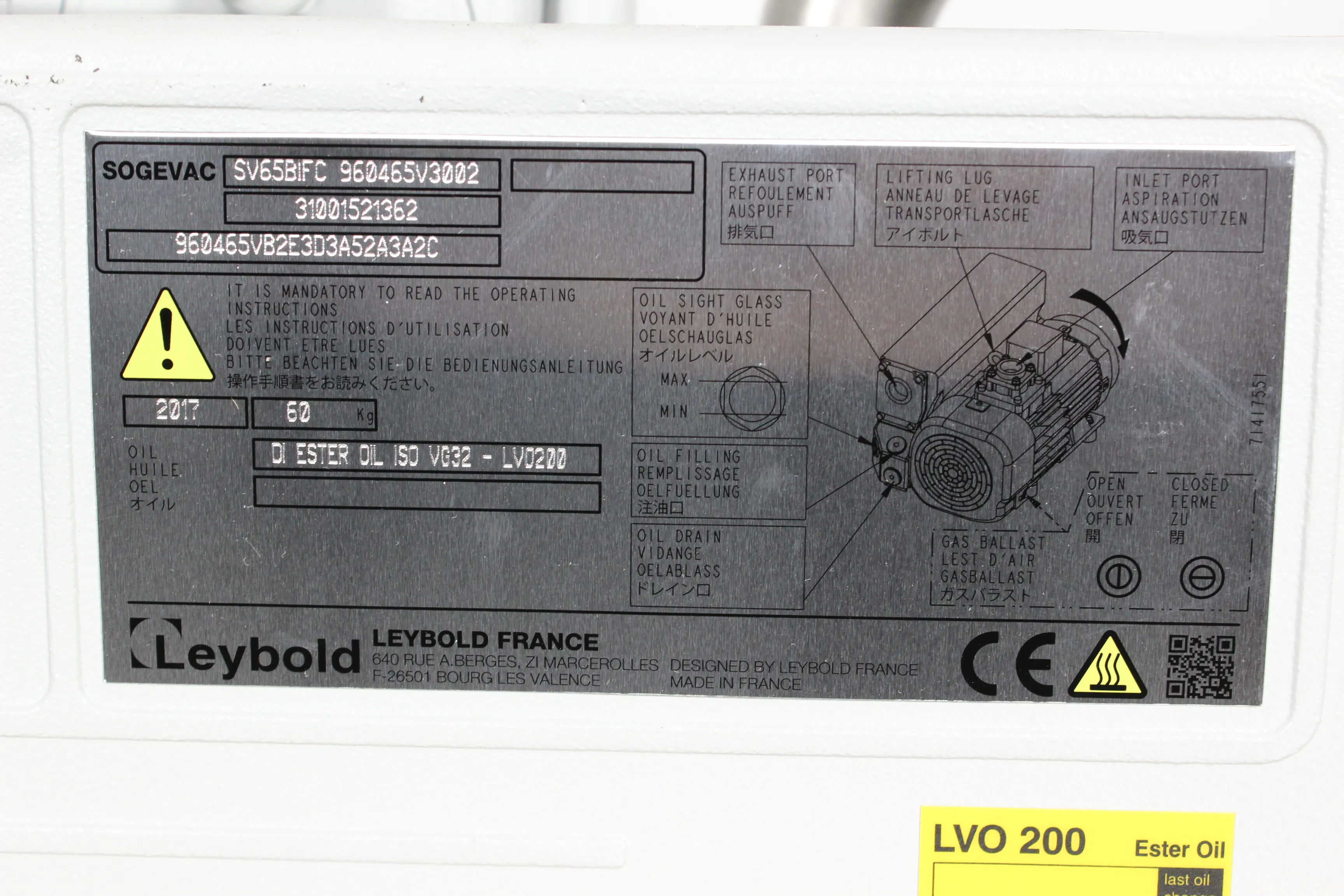 Sogevac SV65 BI FC Vacuum Pump 220V 50-60Hz