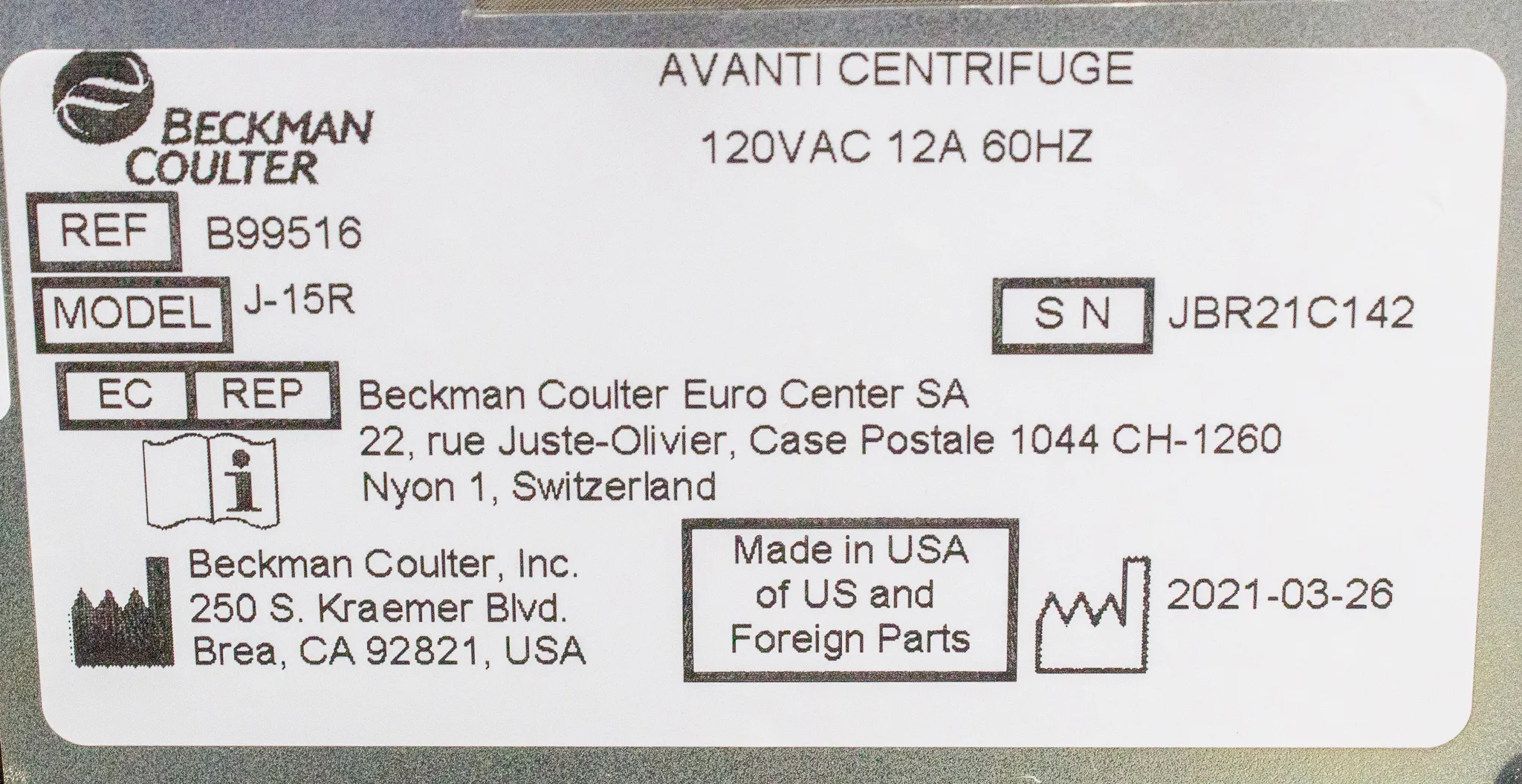 Beckman Coulter Avanti J-15R Refrigerated Benchtop Centrifuge B99516