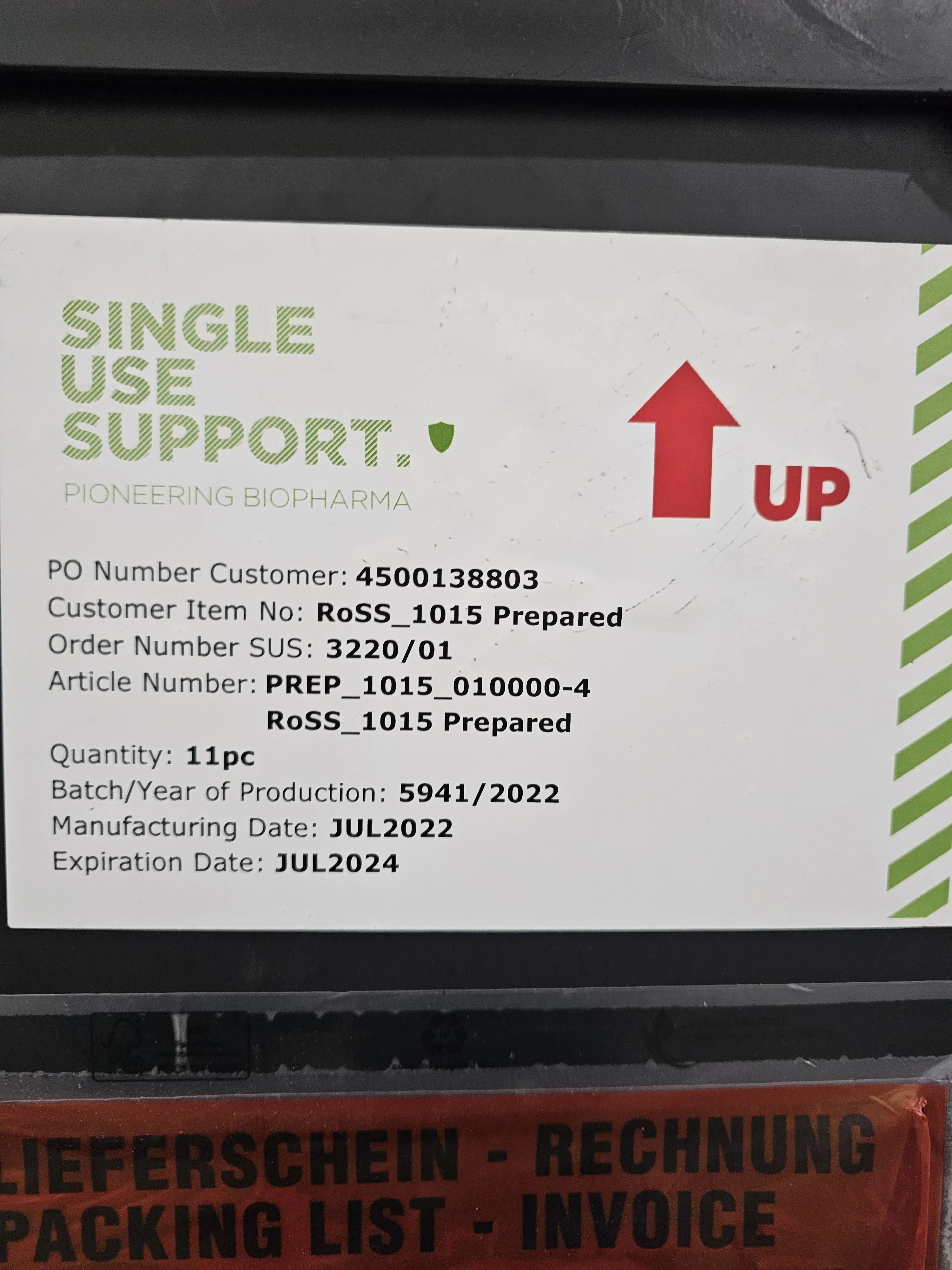 Single Use Support RoSS_1015 Prepared Bio container with Batch Expiration JULY 2024