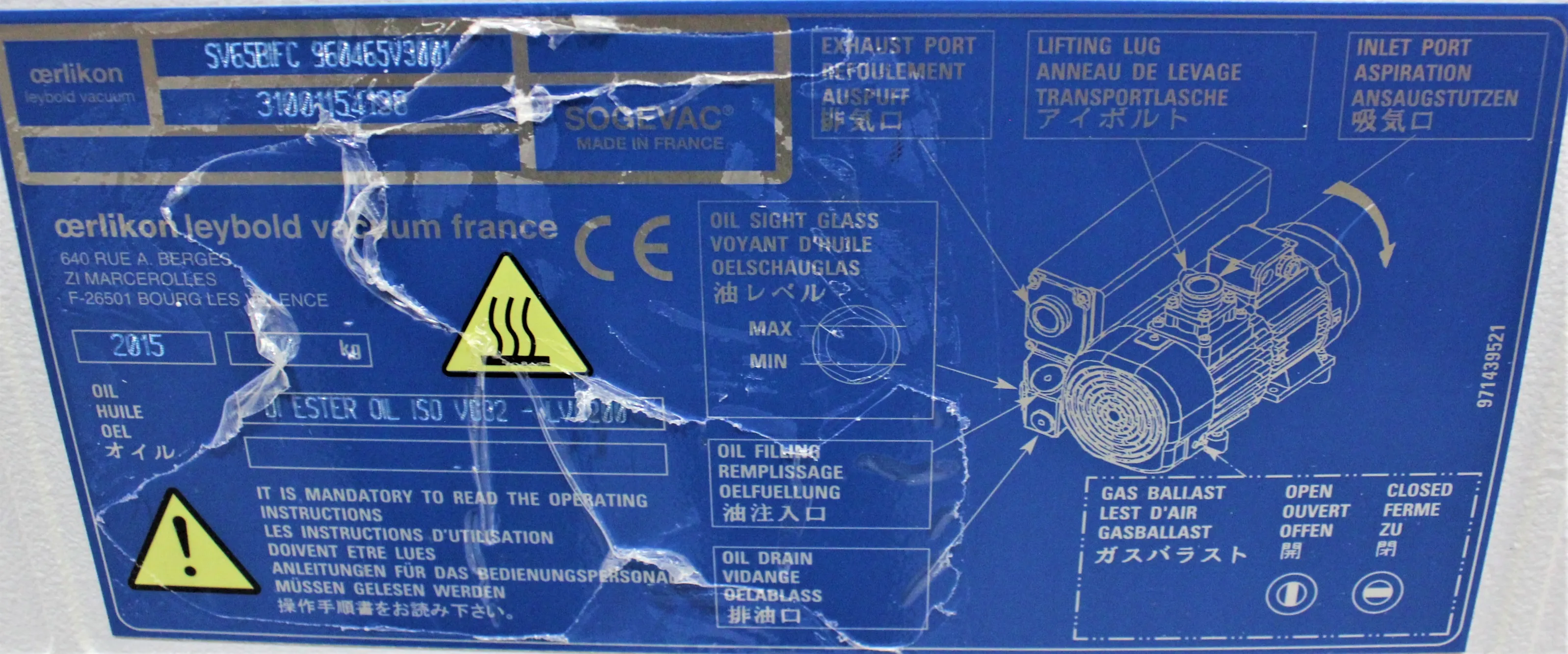 Leybold Sogevac SV65 BI FC Vacuum Pump 220V 60Hz US