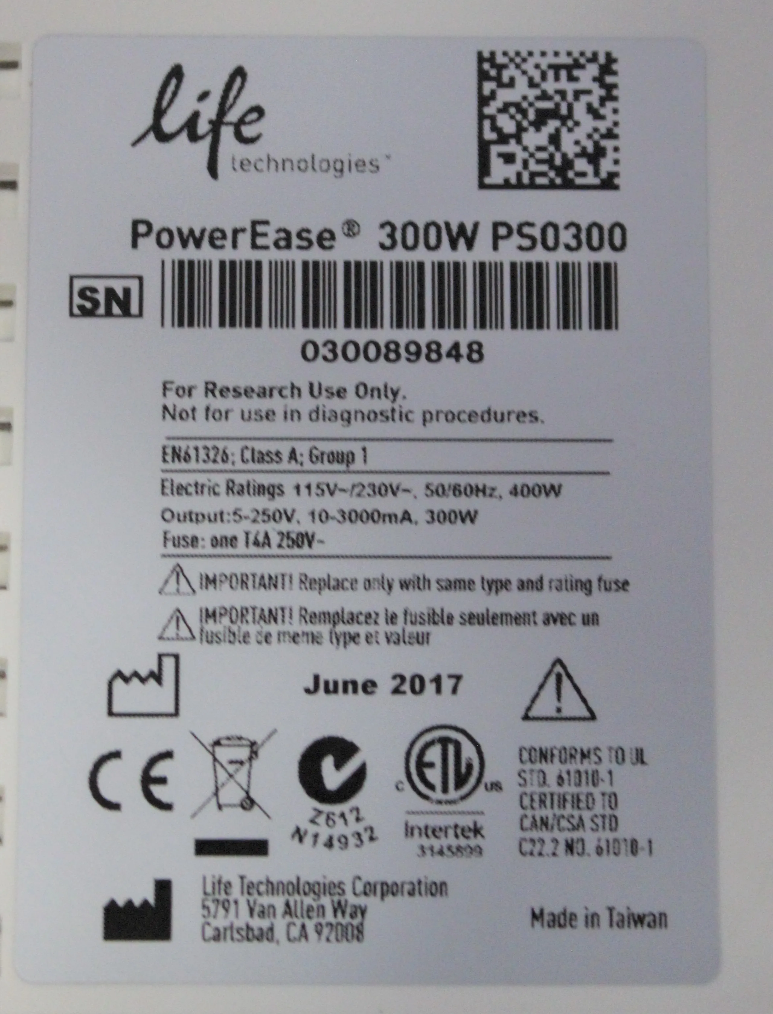 Life Technologies PowerEase 300W Power Supply PS0300