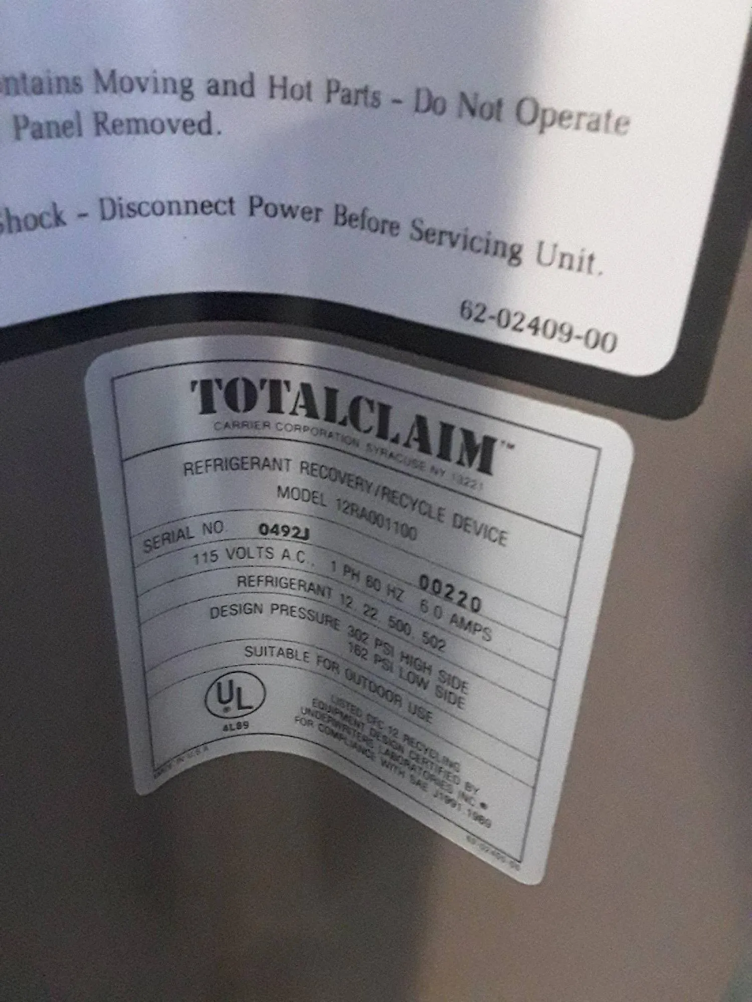 Totalclaim Refrigerant & Recovery Recycle Device - Used