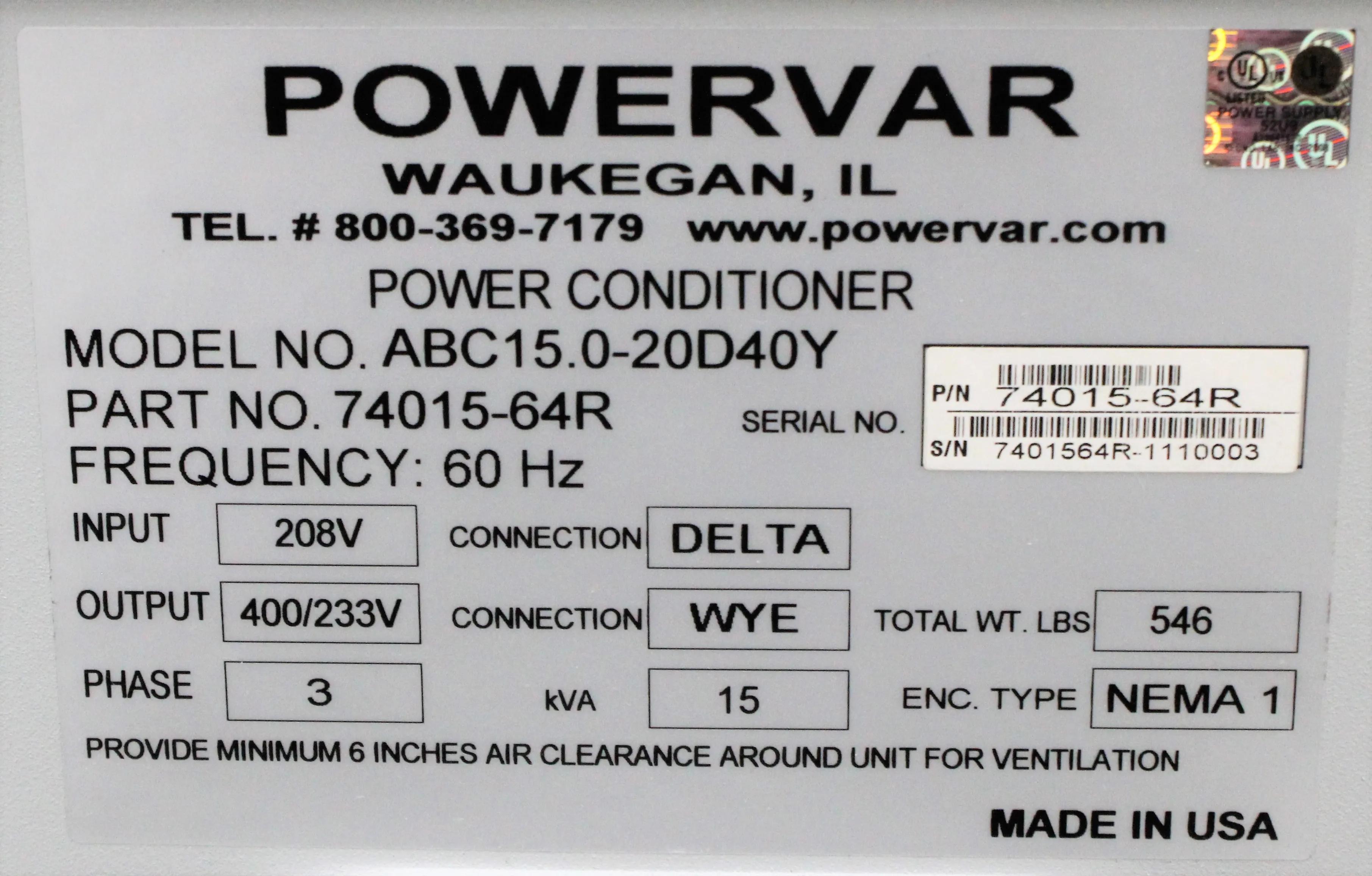 Powervar Transformer ABC15.0-20D40Y 220V 60Hz US