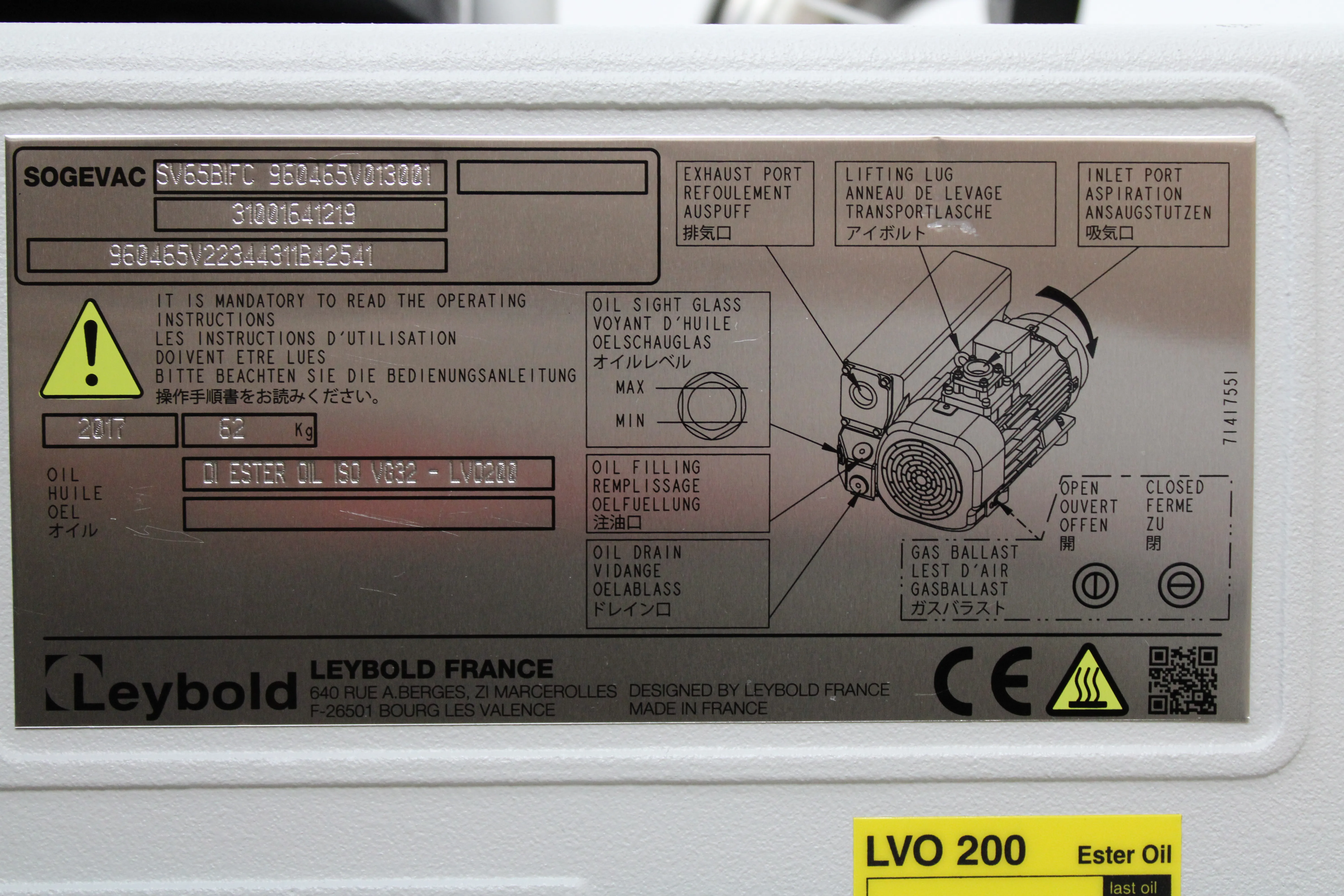 Leybold SOGEVAC SV65 BIFC 960465V013001 Vacuum Pump, Used, 230V, 50Hz/60Hz - 30-Day Warranty