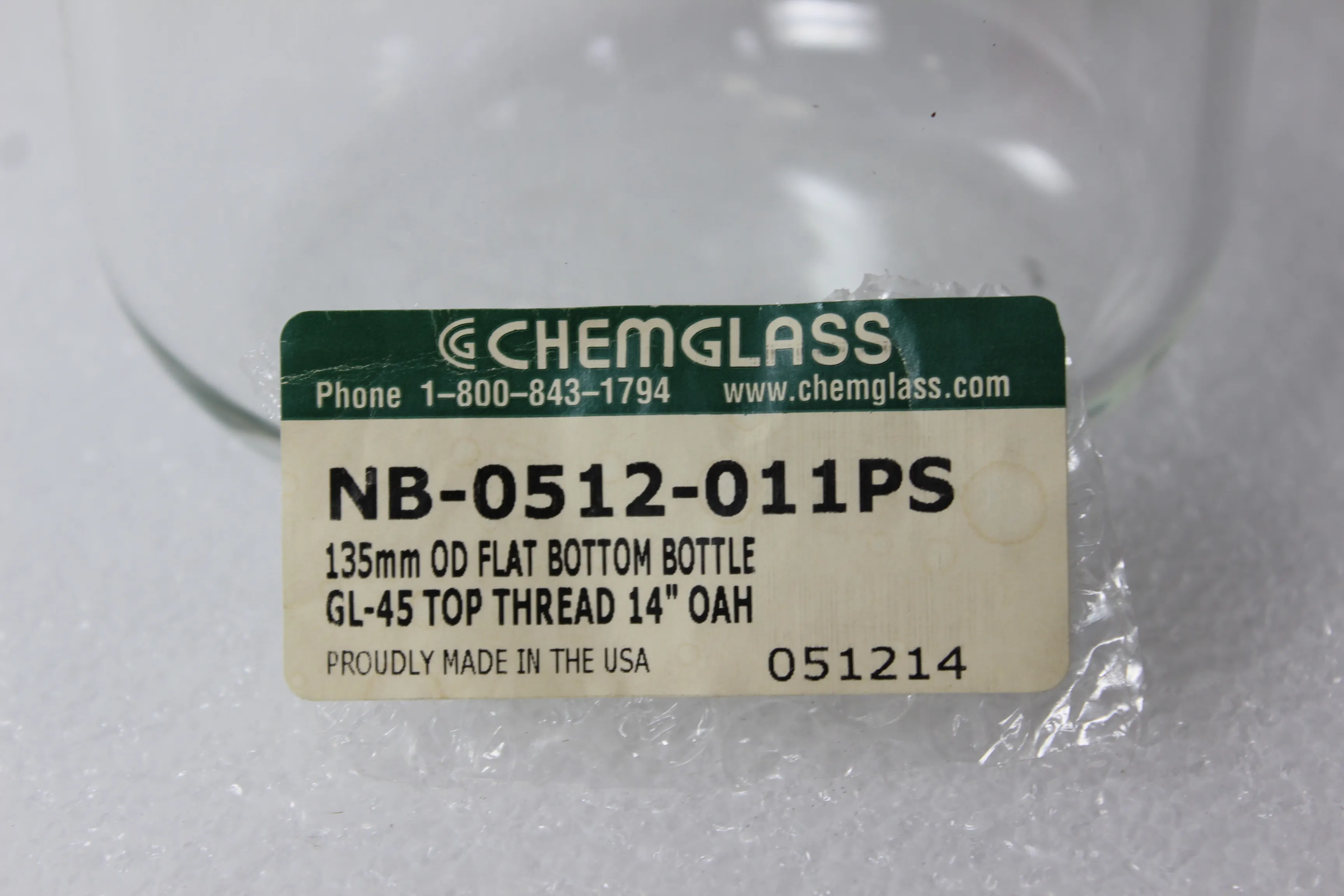 Chemglass NB-0512-011PS Flat Bottom Bottle GL-45 Top Thread 135mm OD