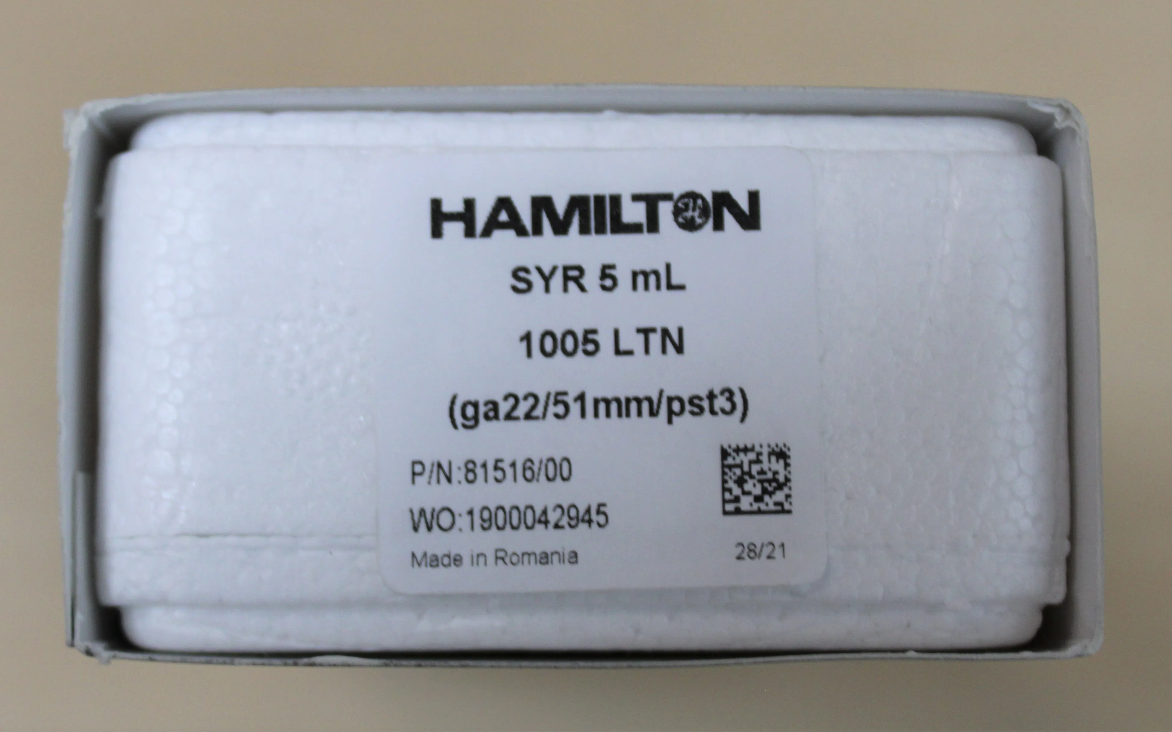 Hamilton Microlitre Syringe SYR 5mL 1005 LTN(ga22/51mm/pst3)