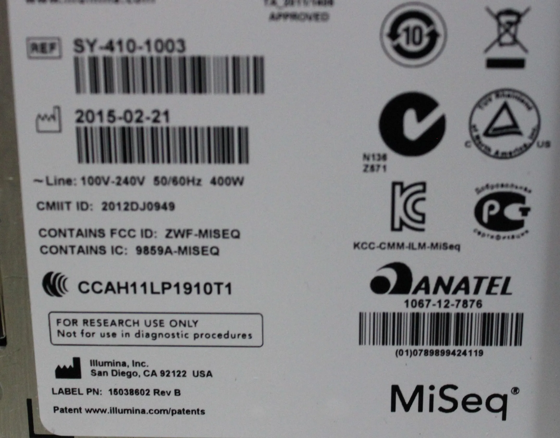 Illumina MiSeq System DNA Sequencer