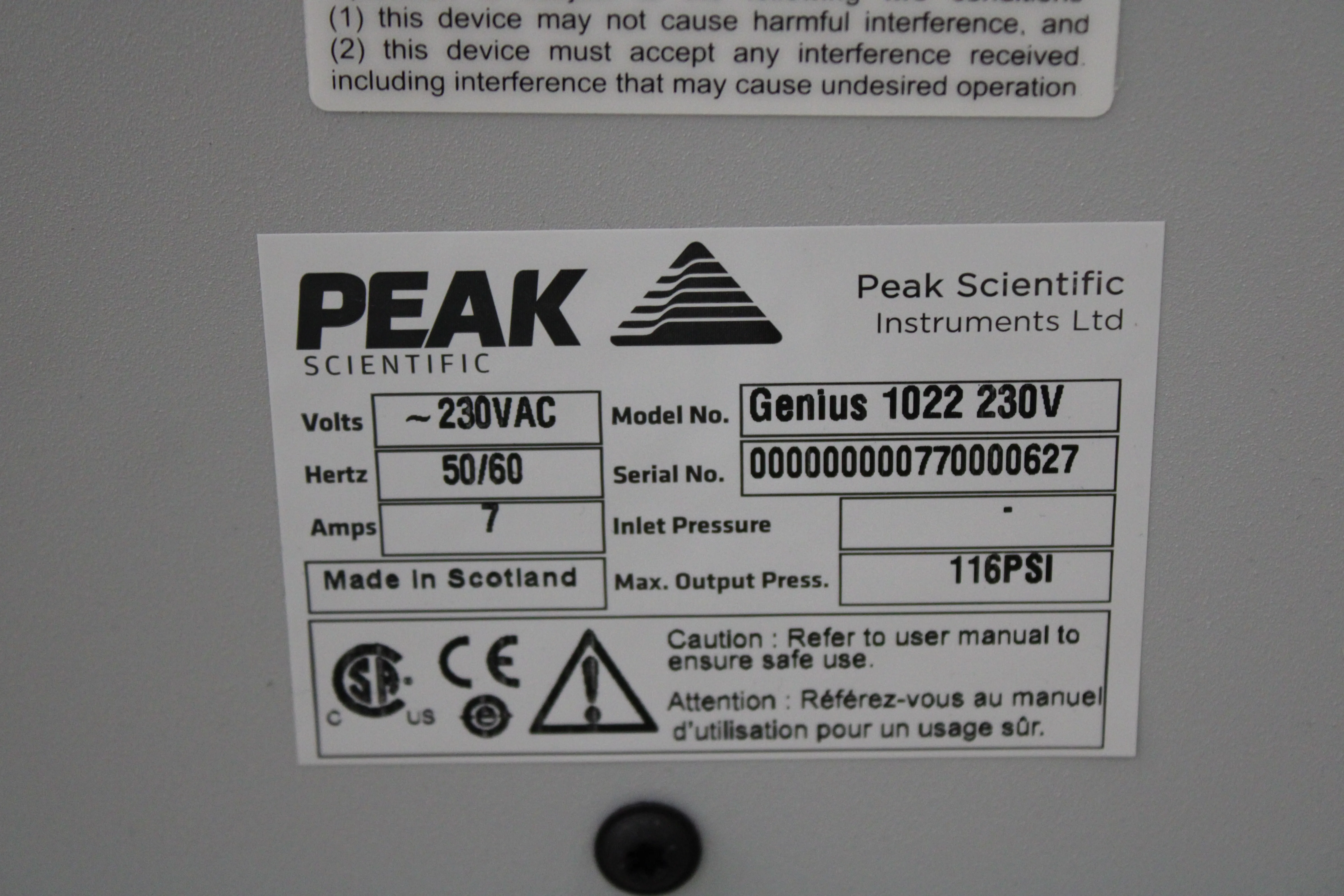 Peak Scientific Genius 1022 Nitrogen Generator for Thermo Fisher Scientific LC-MS/MS Applications