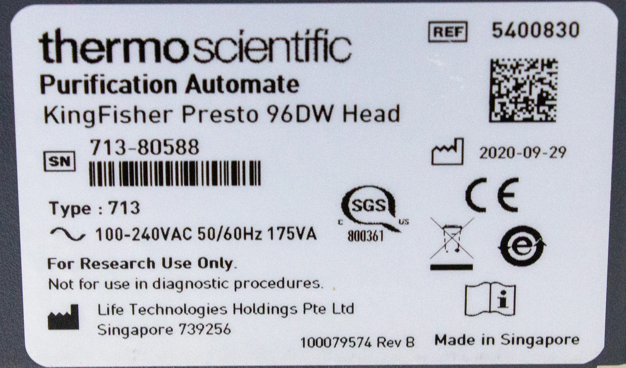 Thermo Scientific KingFisher Presto Purification System with 96 DW Head P/N 5400830