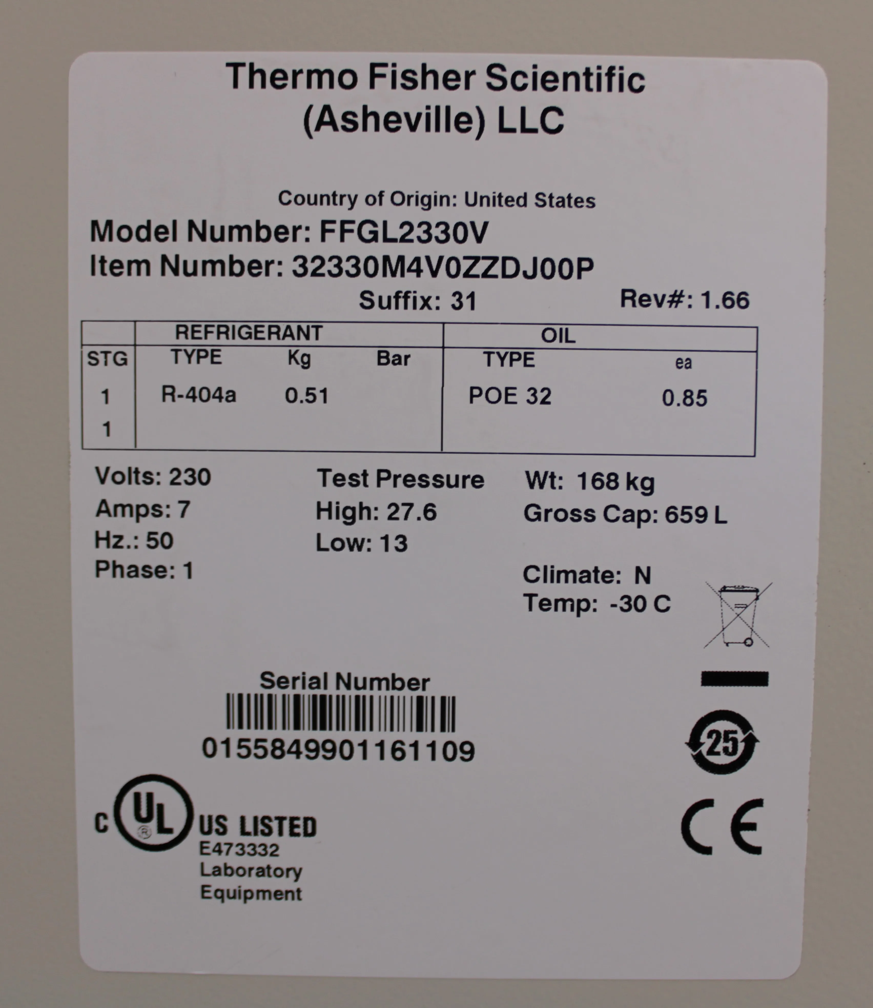 Thermo Fisher Scientific -30C Freezer FFGL2330V, 659L Capacity, Euro Plug, 230V