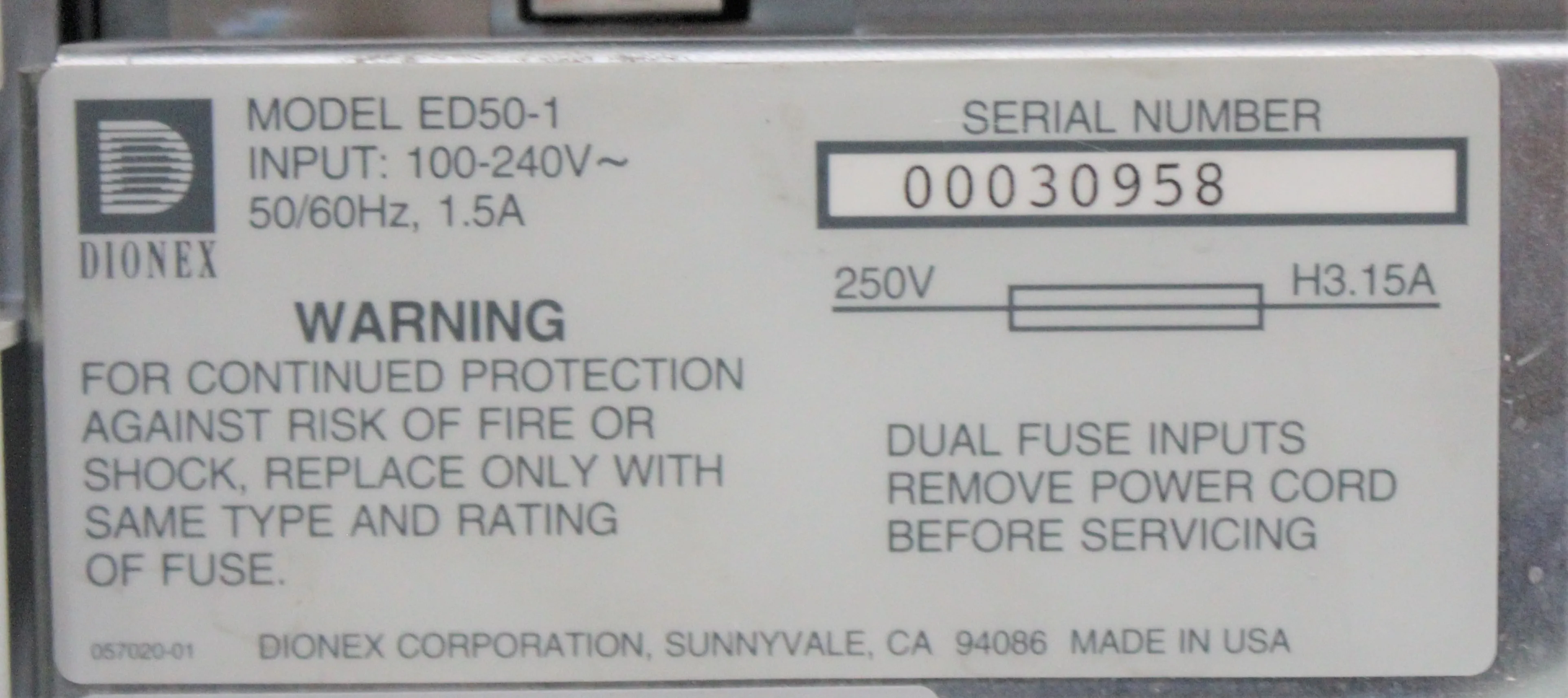 Dionex ED50-1 Electrochemical Detector, Very Good Condition, Used, 120V/220V 50Hz/60Hz, REUZEit West Coast US - R, No Warranty, 00030958