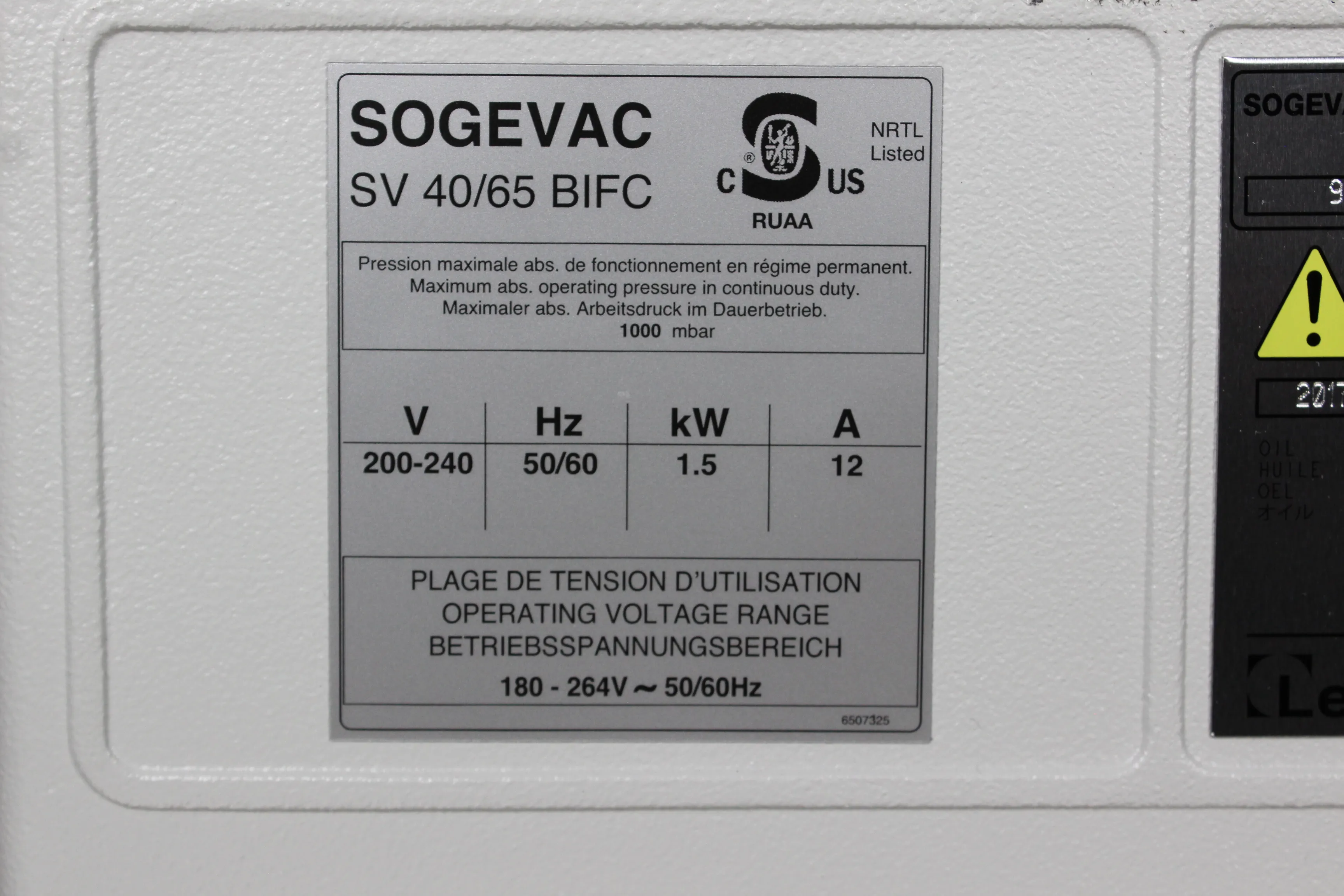 Sogevac SV65 BI FC Vacuum Pump 220V 50-60Hz