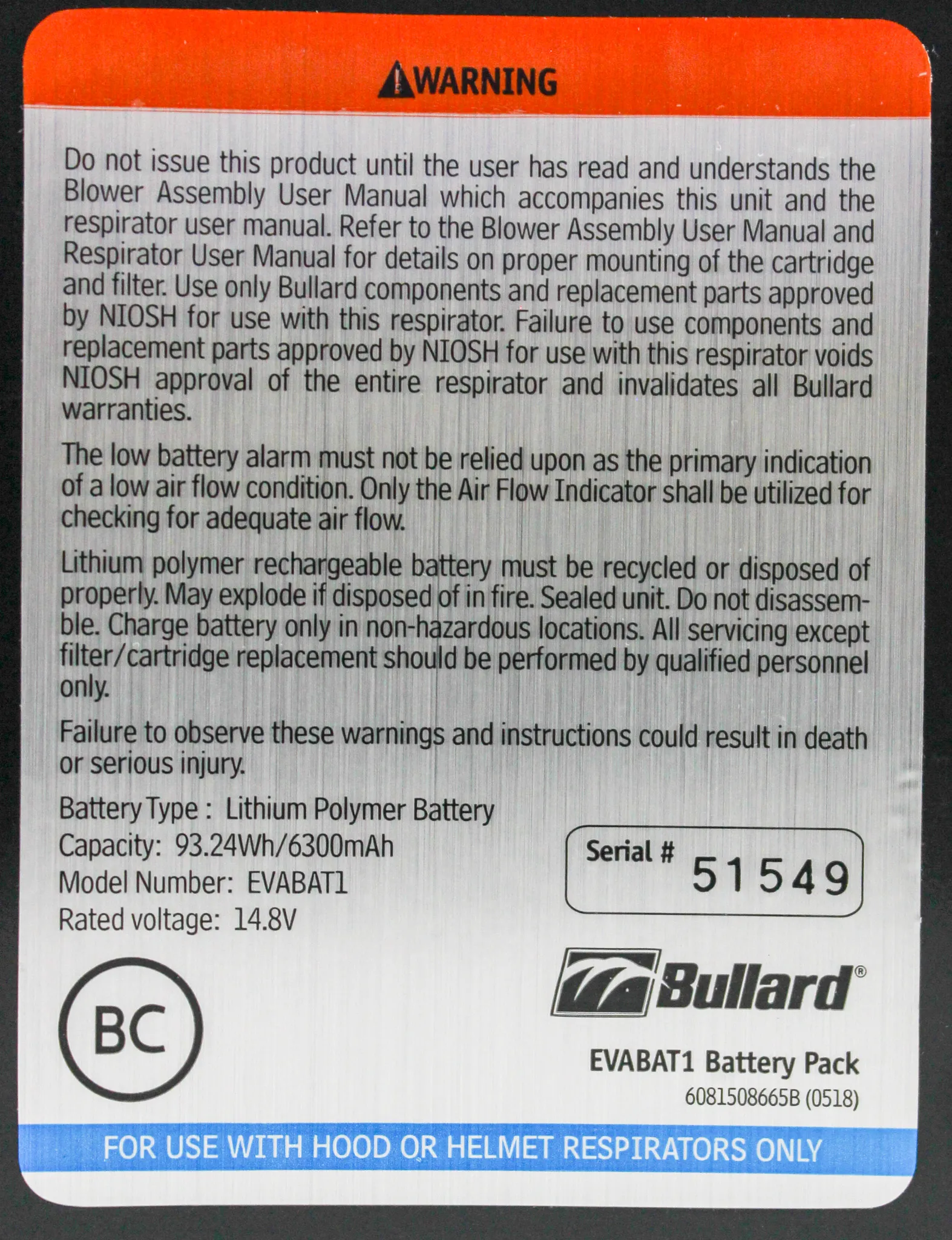 Bullard Evabat1 PAPR Lithium Battery Pack with Charger