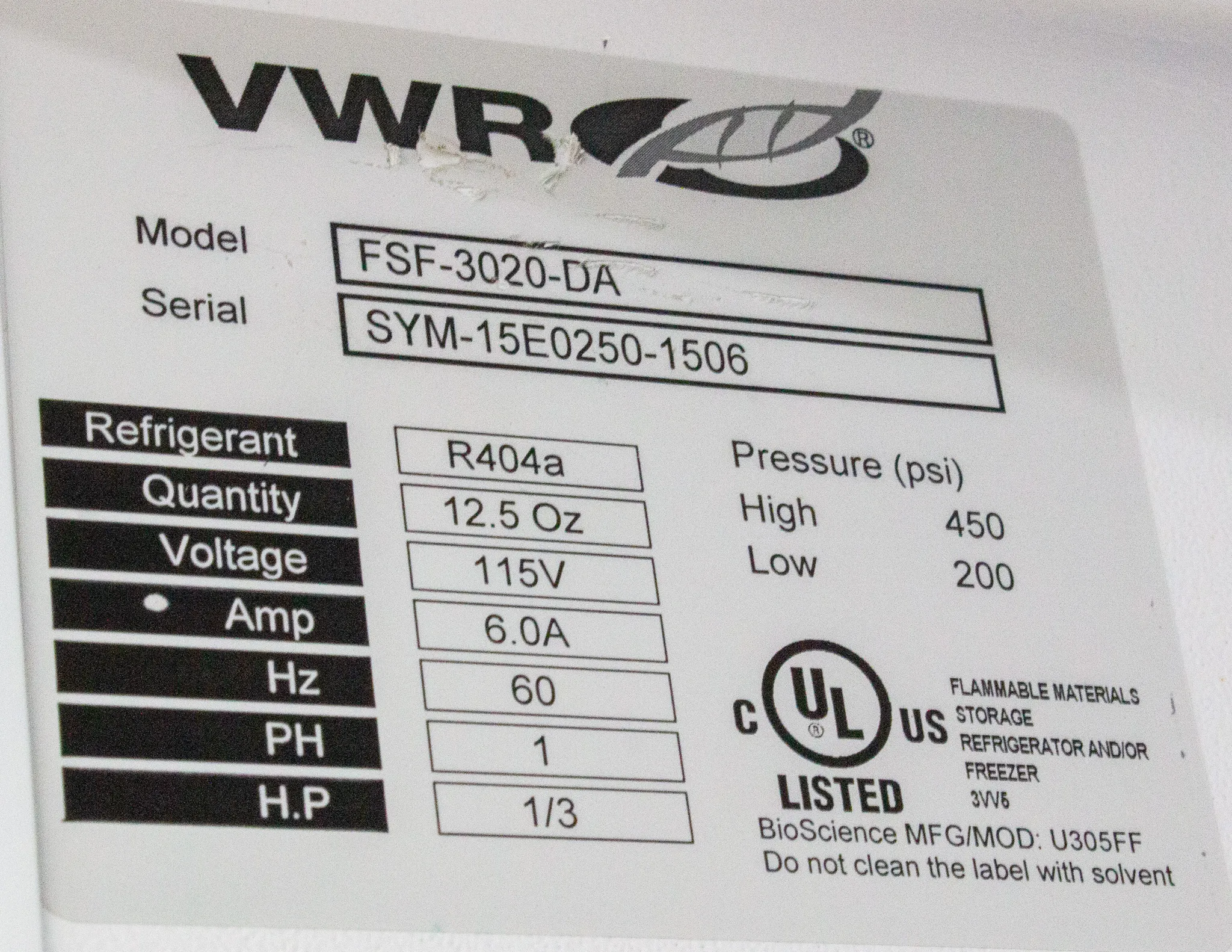 VWR Flammable Material Storage Freezer Model FSF-3020-DA Cat#8498-652