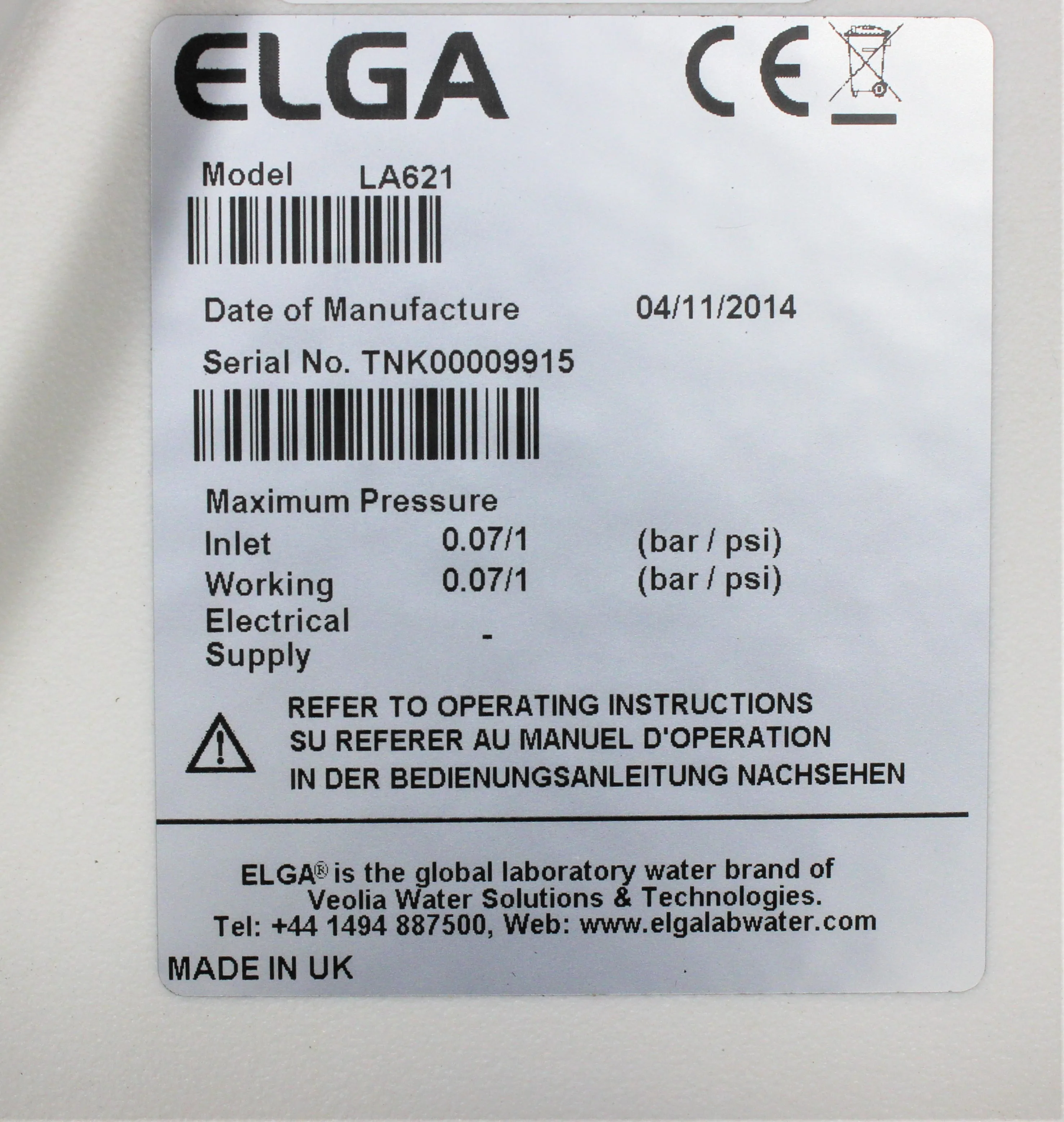 Elga PURELAB Option-R OR015XXM1 Water Purification System 120V/220V 50Hz/60Hz Used