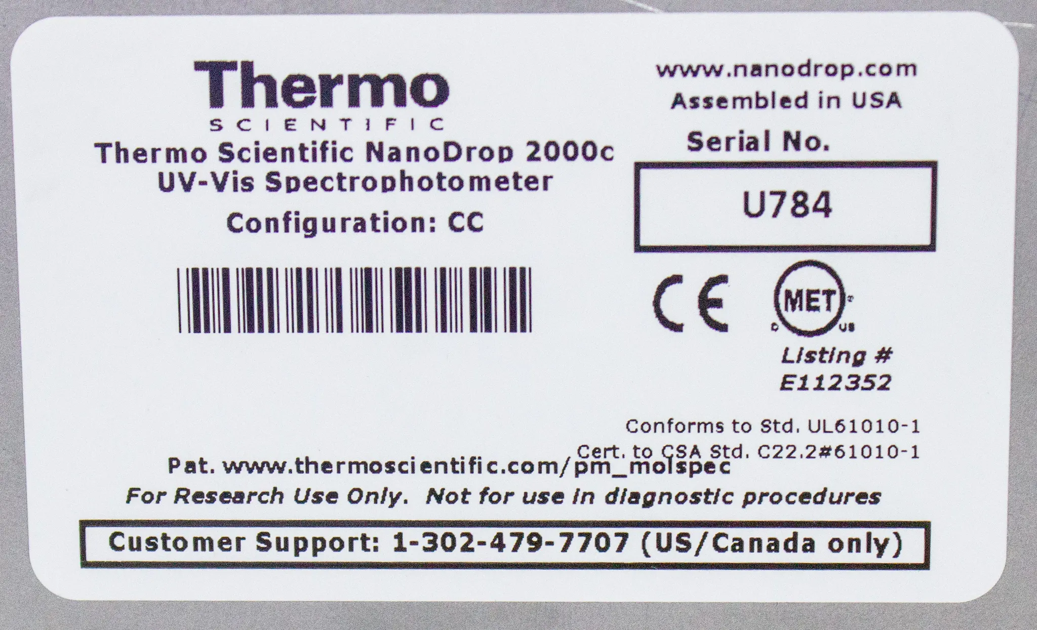 Thermo Scientific NanoDrop 2000c UV-Vis Spectrophotometer with 30-Day Warranty