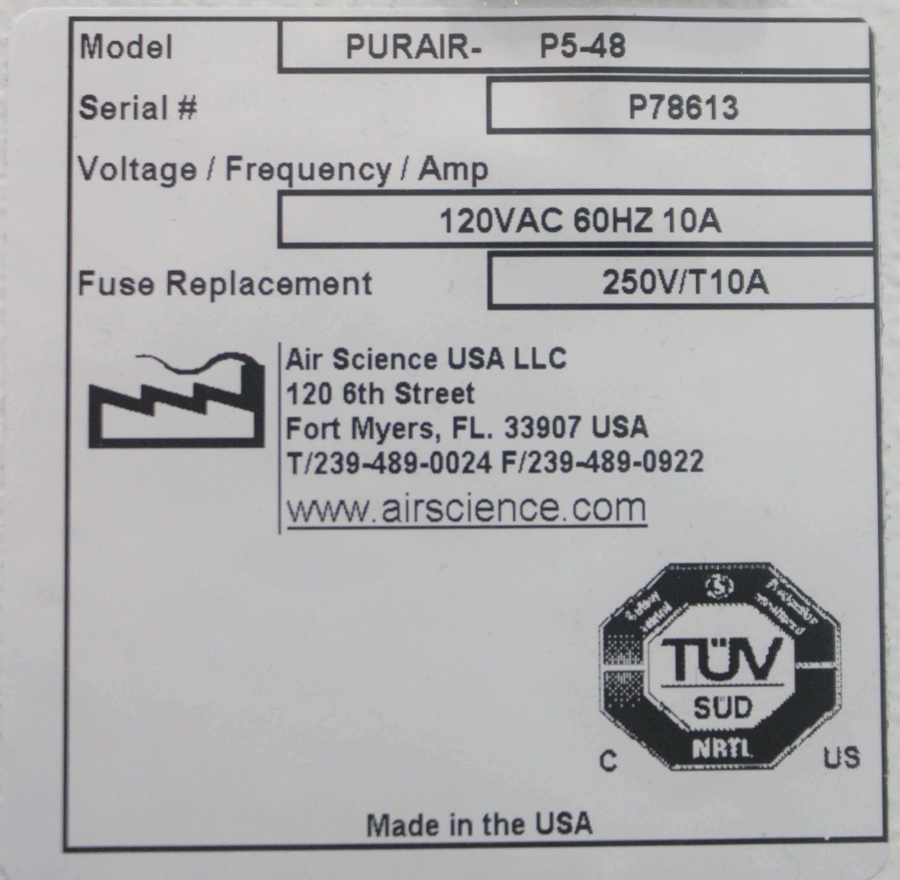 Air Science Purair PURAIR-P5-48 Ductless Fume Hood Used 120V 60Hz US