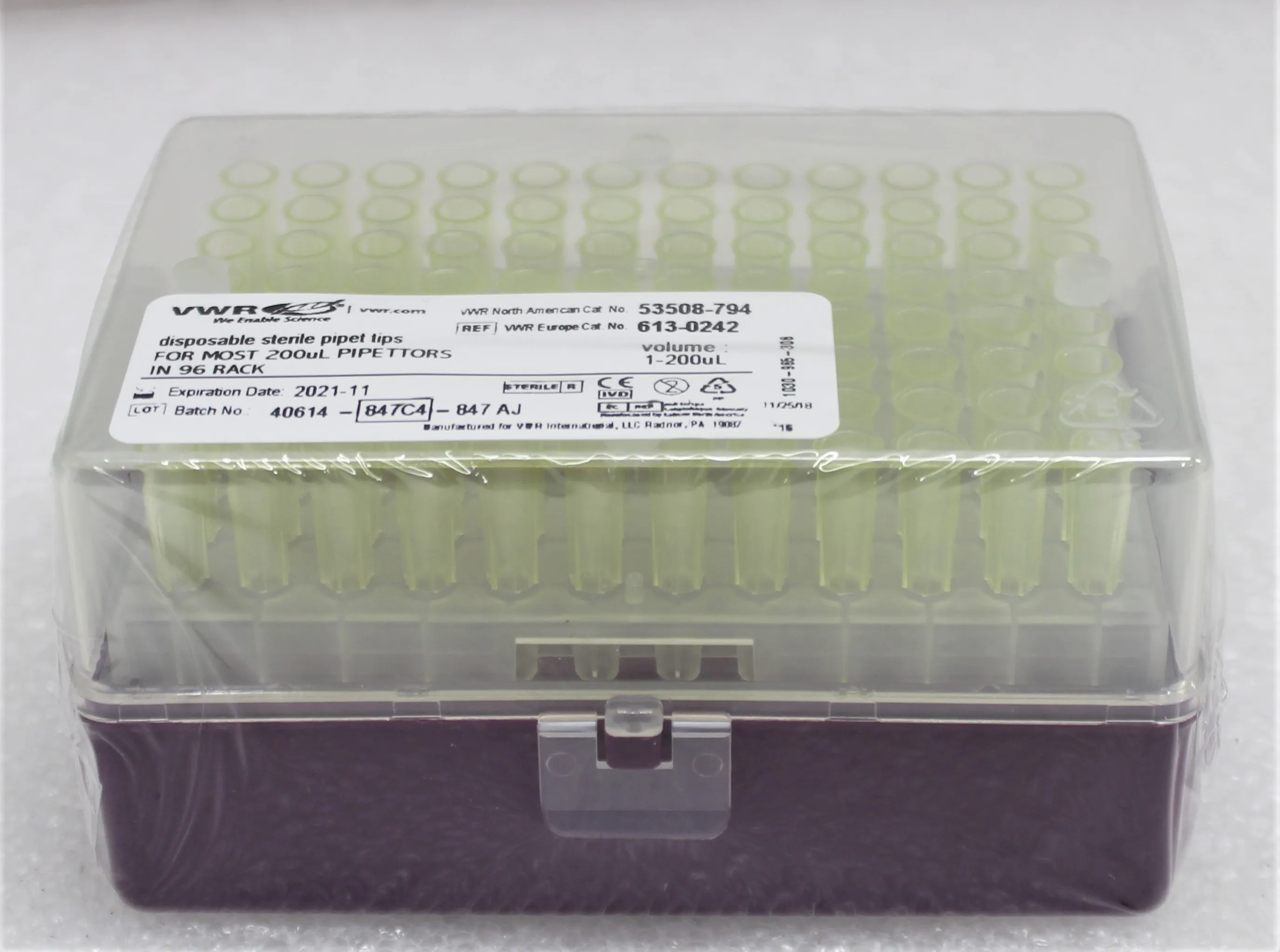 VWR Disposable Sterile Pipet Tips 200uL in 96 Rack