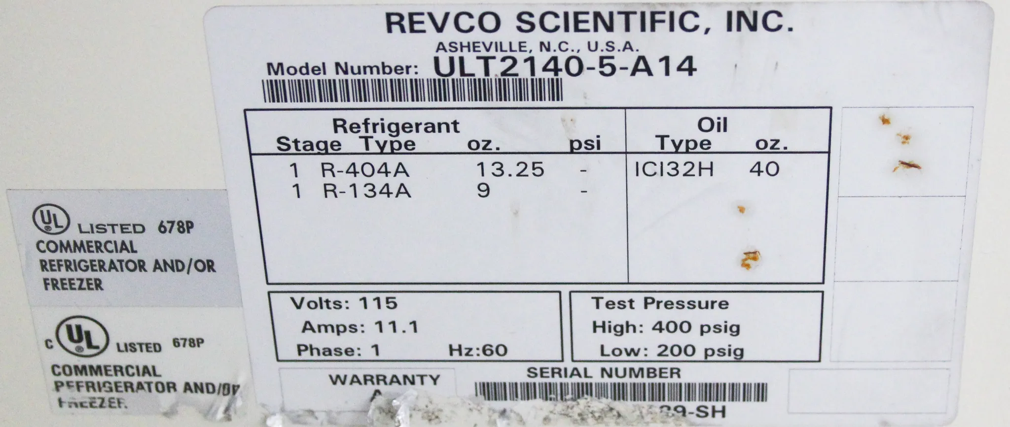 Revco ULT2140-5-A14 Ultra Low Temperature Lab Freezer -40C