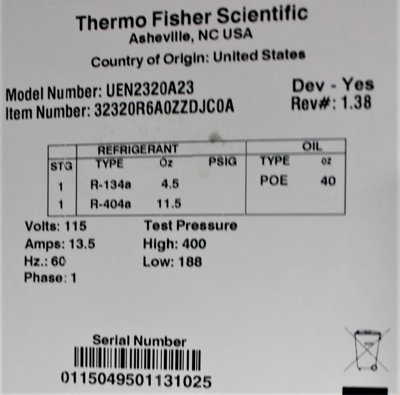 Thermo Fisher UEN2320A23 Revco Enzyme Freezer - 23.3 cu. ft., 659L Capacity, Manual Defrost - Used