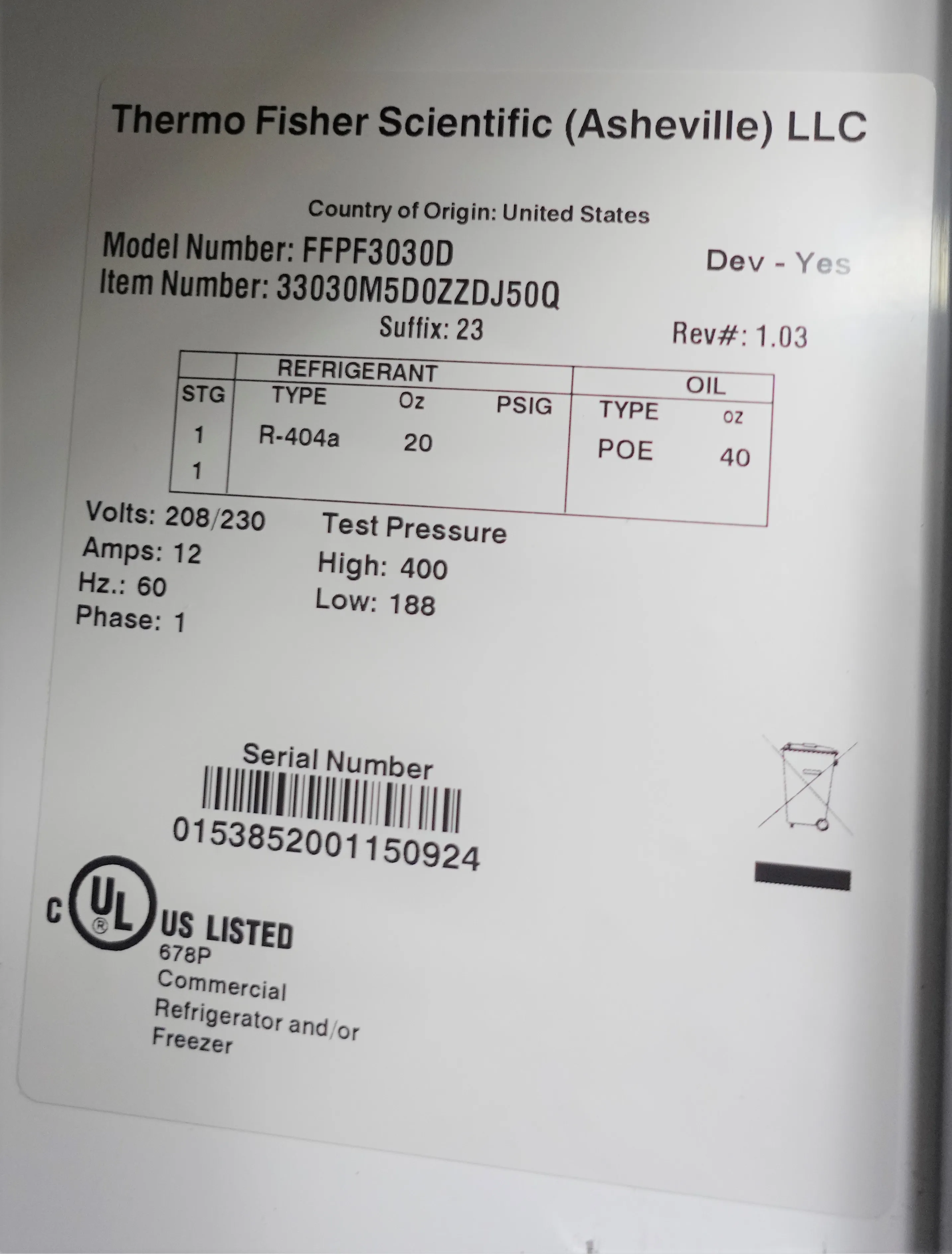 Thermo Scientific FFPF3030D -30C Plasma Freezer