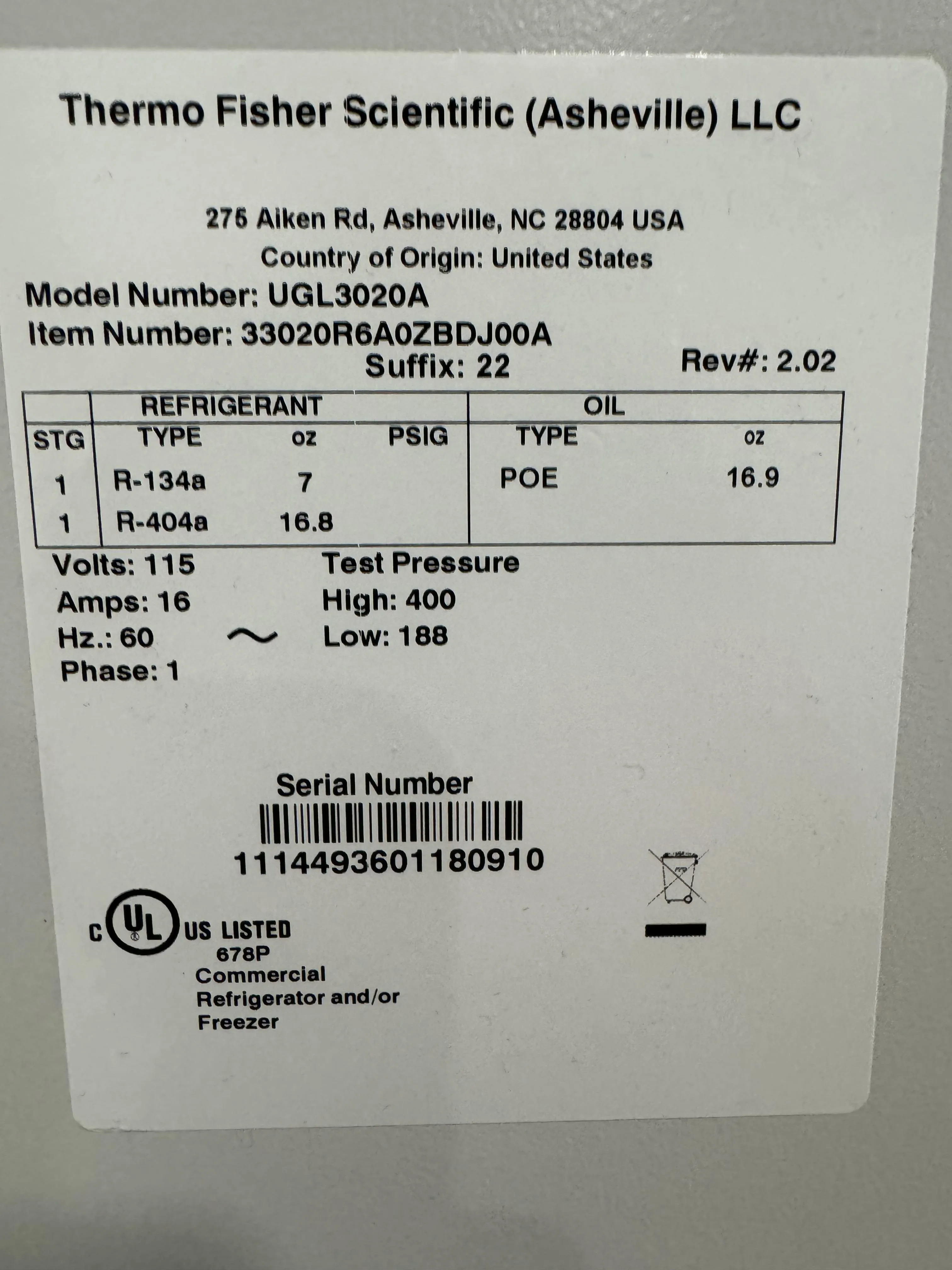 Thermo Fisher - UGL3020A Model Ultra Low Freezer