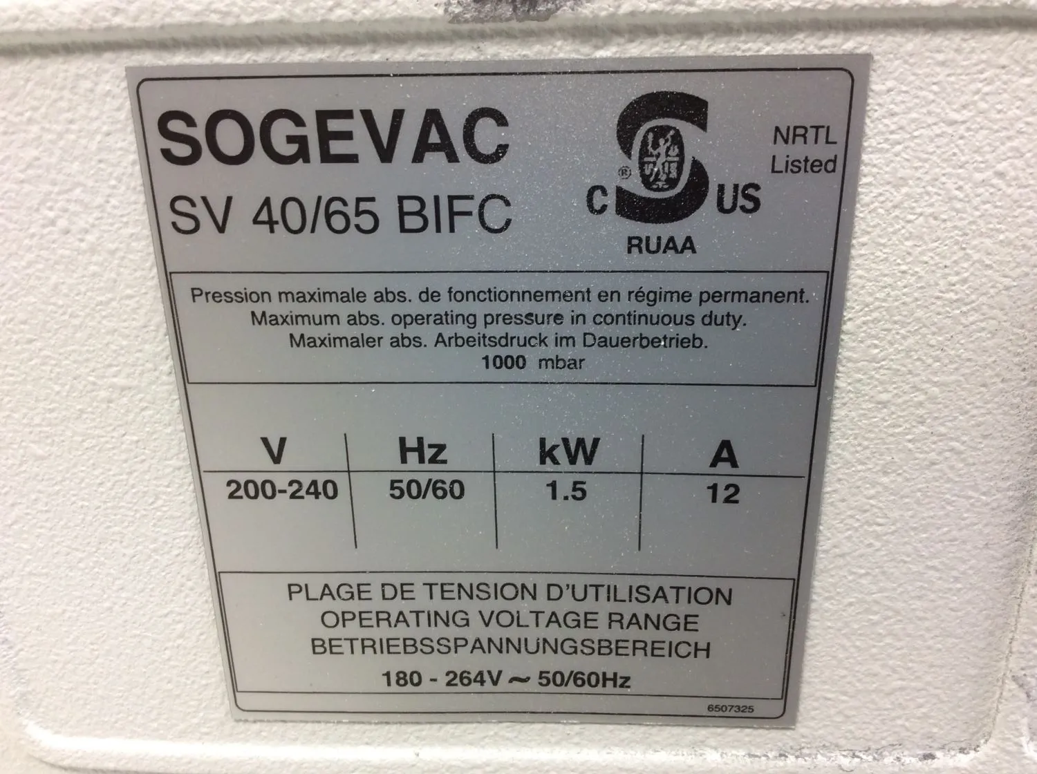 Sogevac SV65 BI FC Vacuum Pump 1.1 Torr - Not Working - AS IS