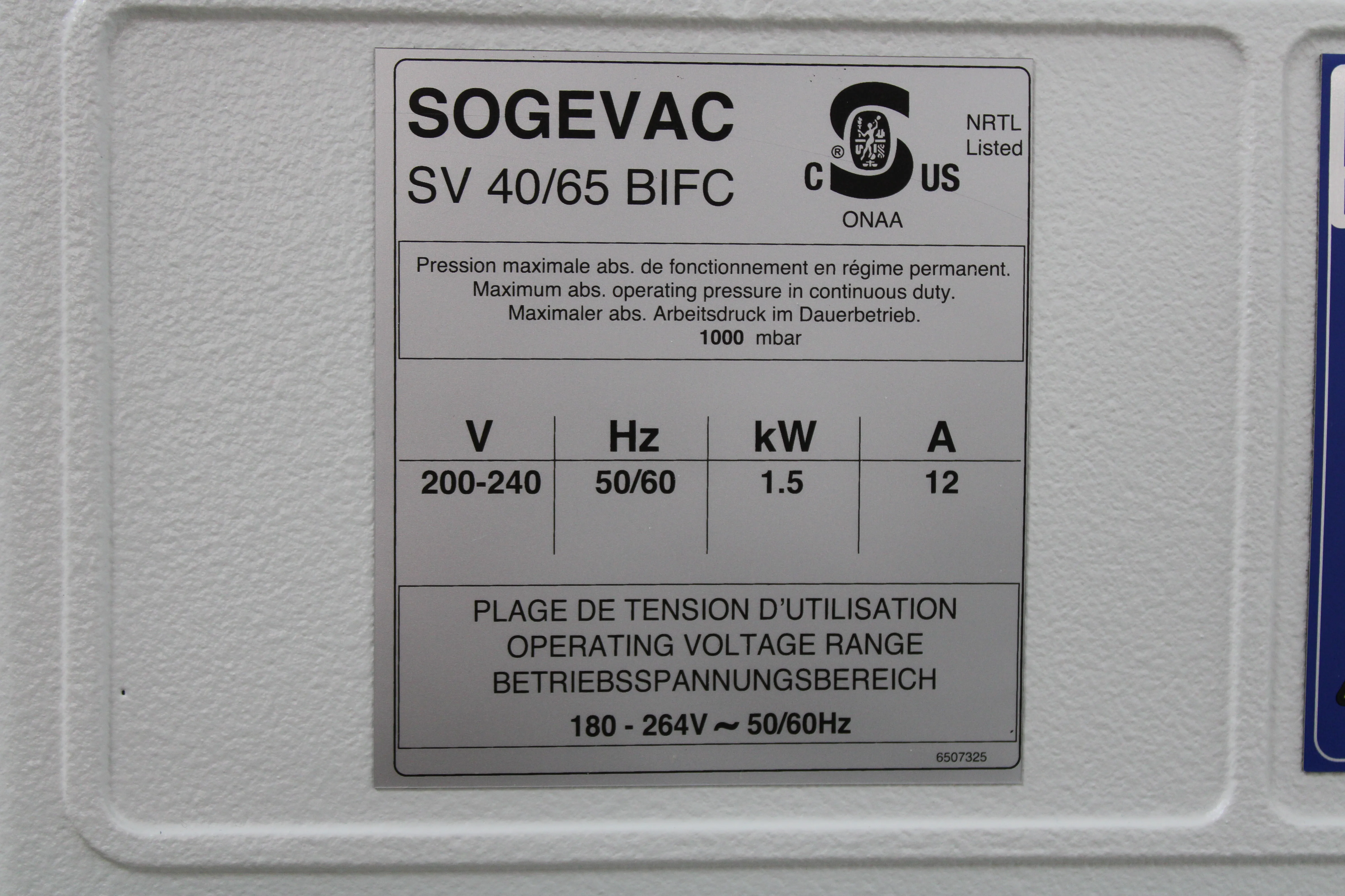 Leybold Sogevac SOGEVAC SV65BIFC 960465V013001 Vacuum Pump 230V 50Hz/60Hz