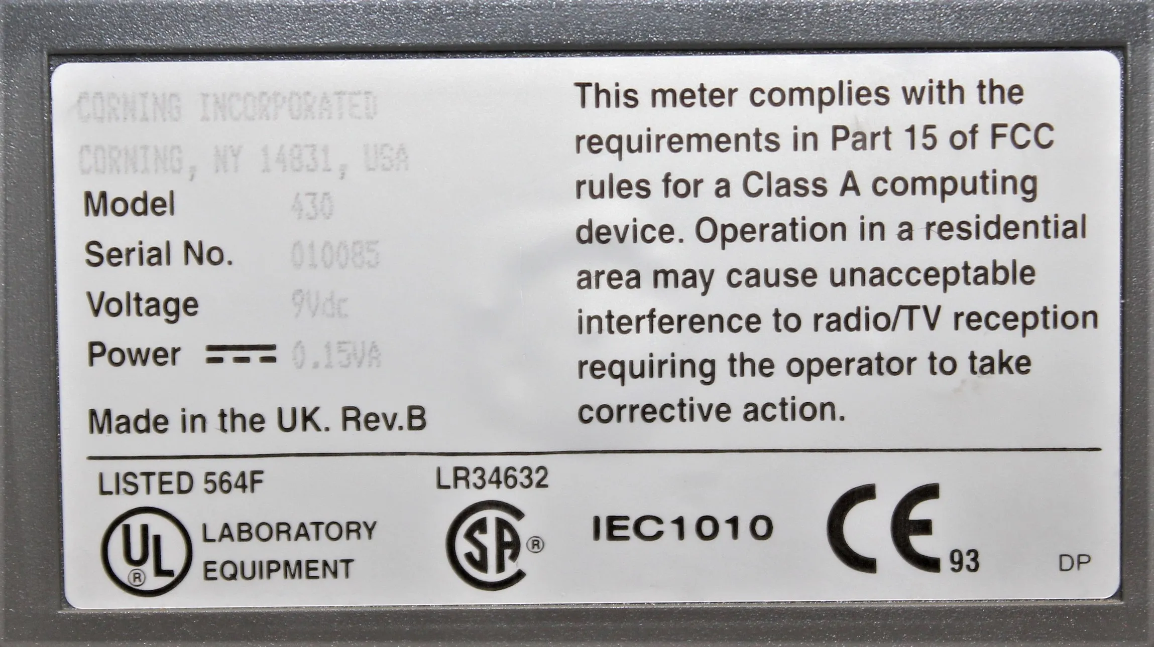 Corning pH Meter w/ Electrode 3-in-1 Combo, Model: 430