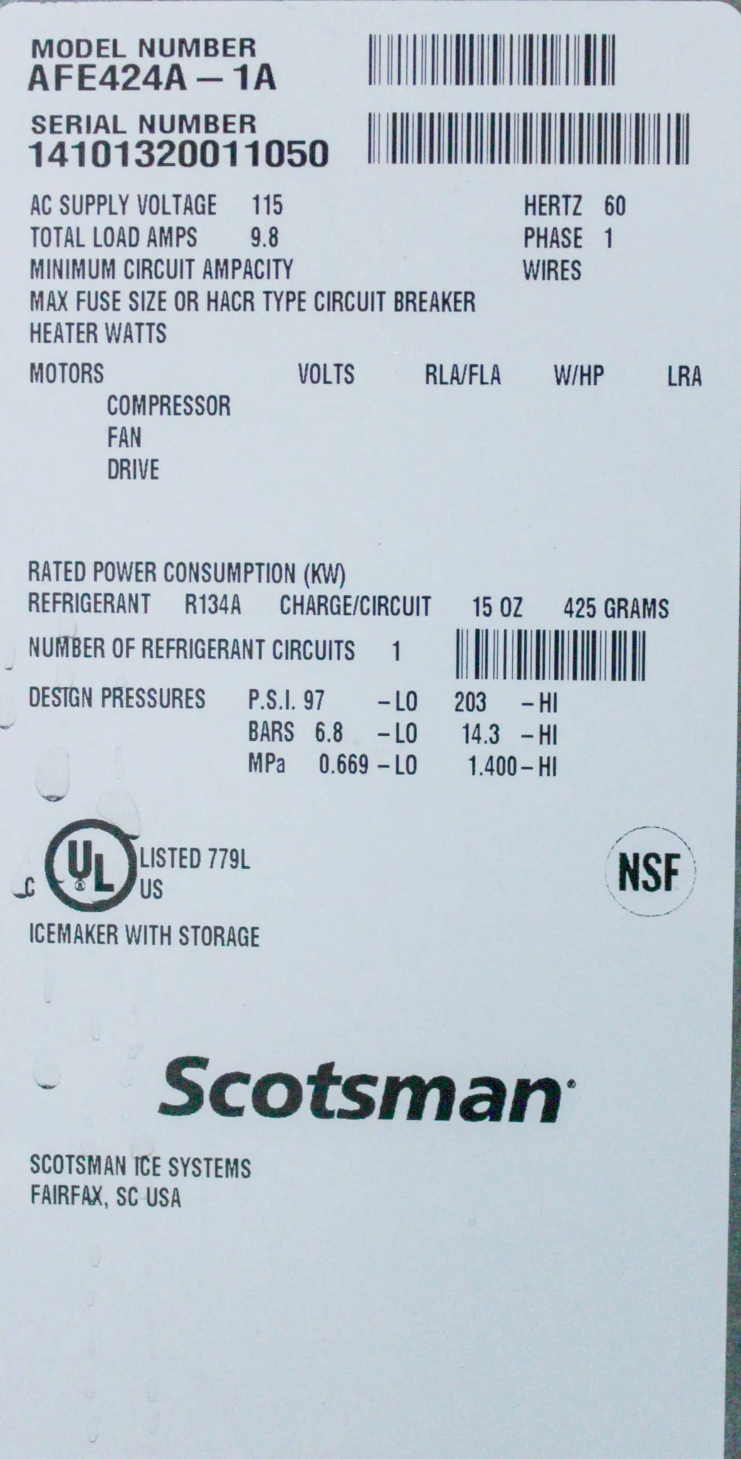 Scotsman Air Cooled Under counter Flake Ice Maker AFE424A-1A