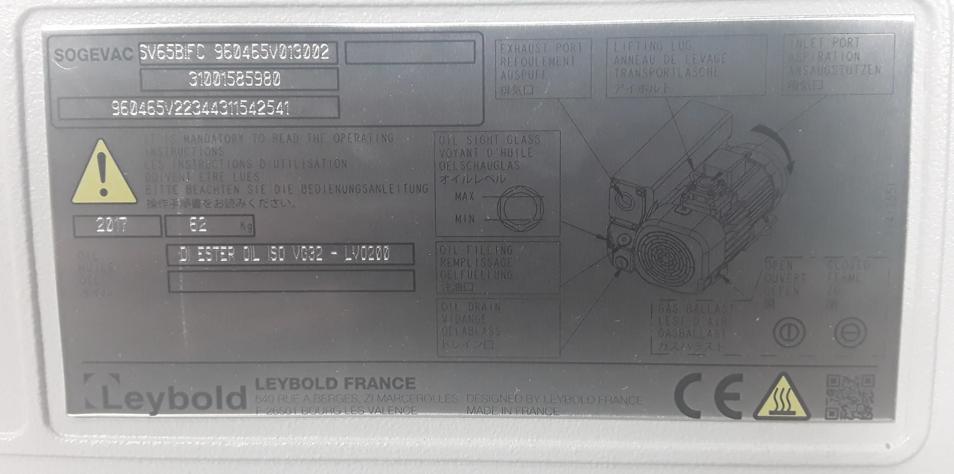 Leybold Sogevac SV65 BI FC Vacuum Pump 240V 50/60Hz 30-Day Warranty