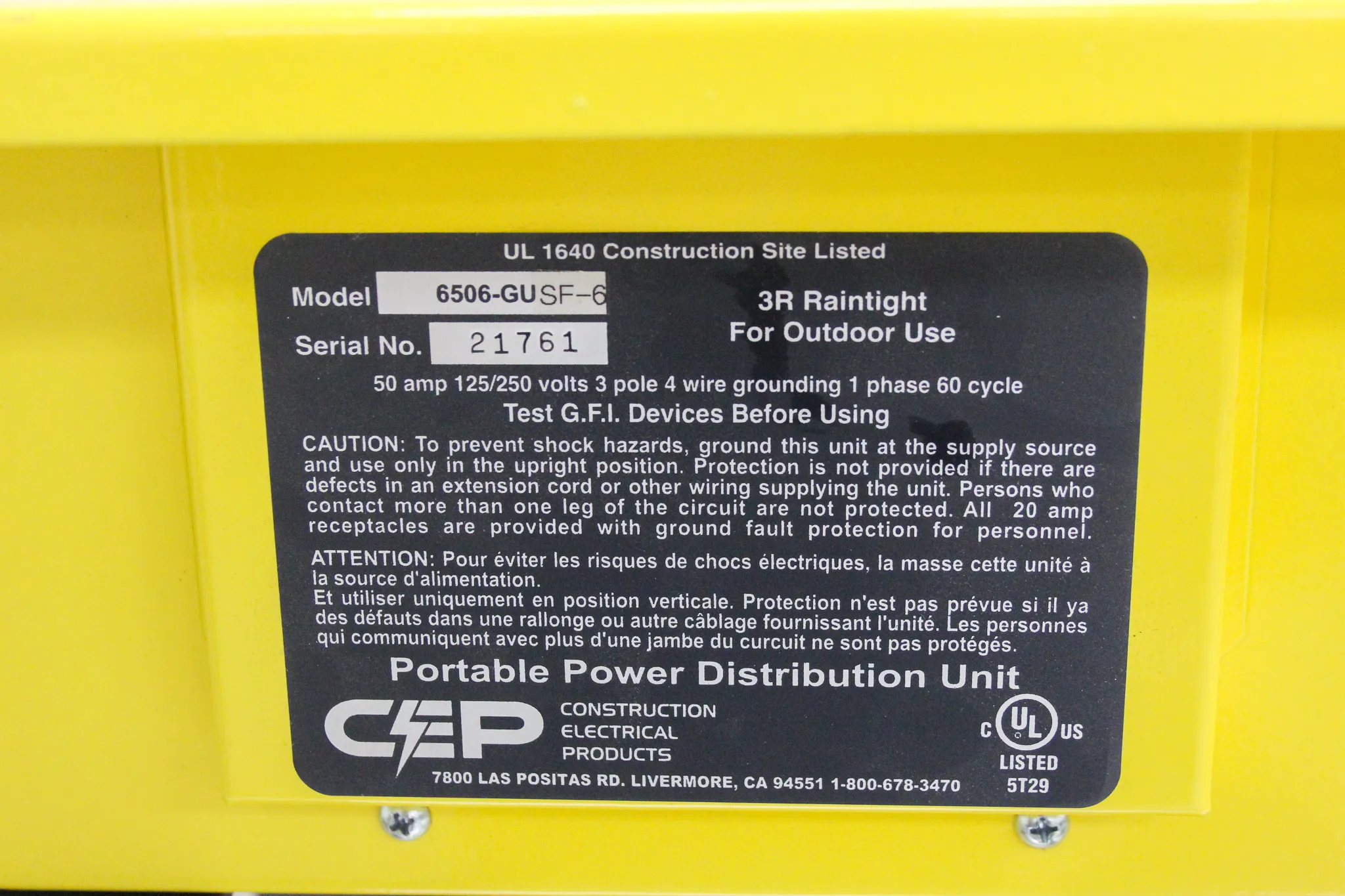 CEP Portable Power Distribution Unit Outdoor Temp Power Box Model 6506-GU SF-6