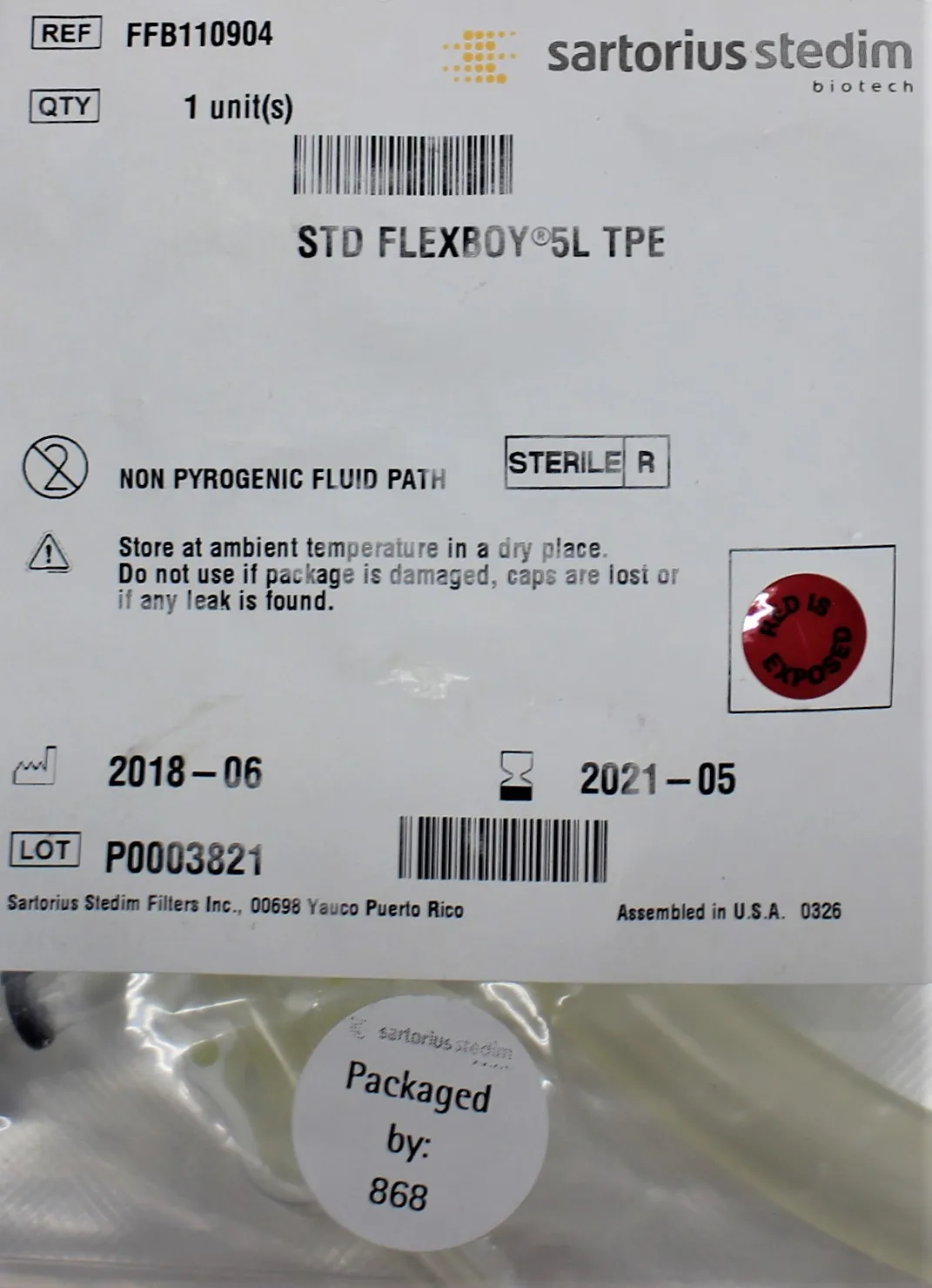 Sartorius FFB110904 Flexboy Bioprocessing Bag 5L for Storage and Transport of Biopharmaceutical Solutions